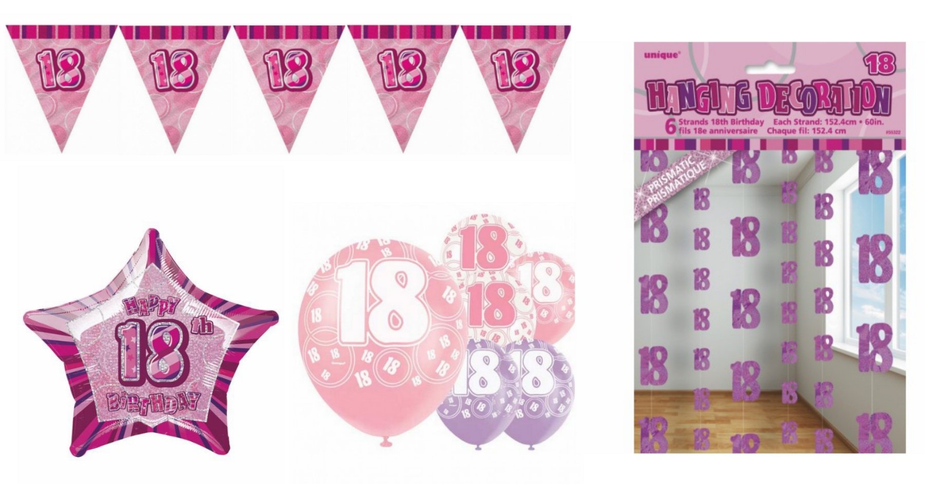 Neon Candy 18th Birthday Bunting Helium Star Balloons Hanging Ceiling Decoration Pink Set