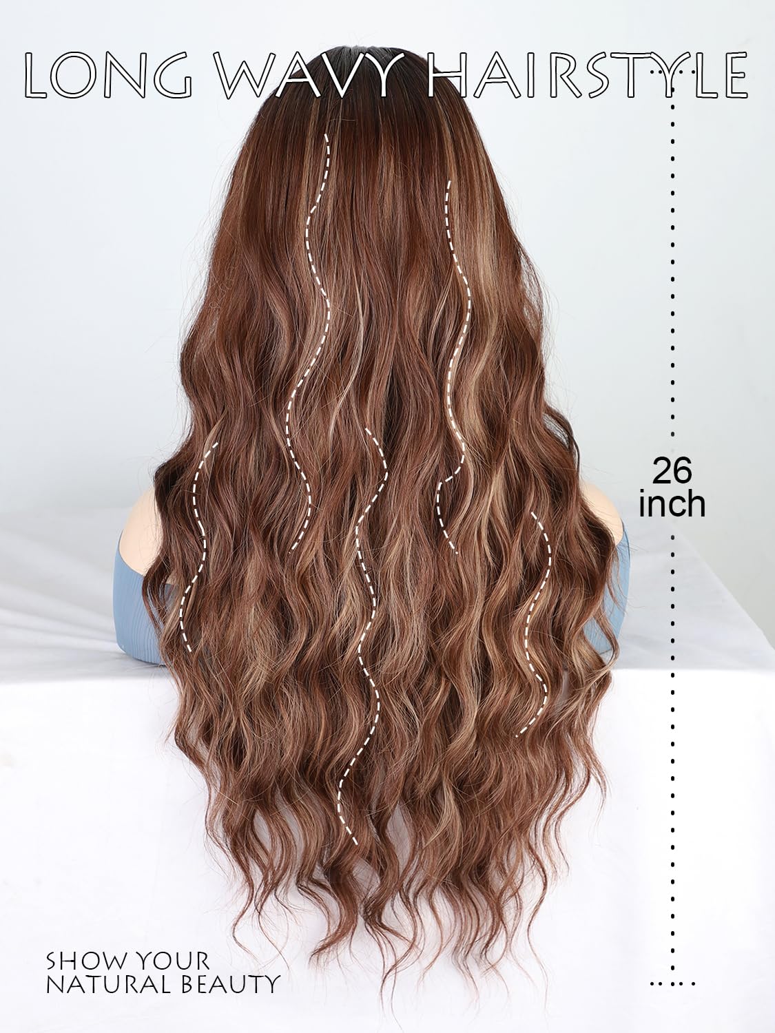 AISI BEAUTY Long Wavy Highlight Brown Wig for Women 26 Inch Middle Part Curly Synthetic Heat Resistant Fiber for Daily Party Use