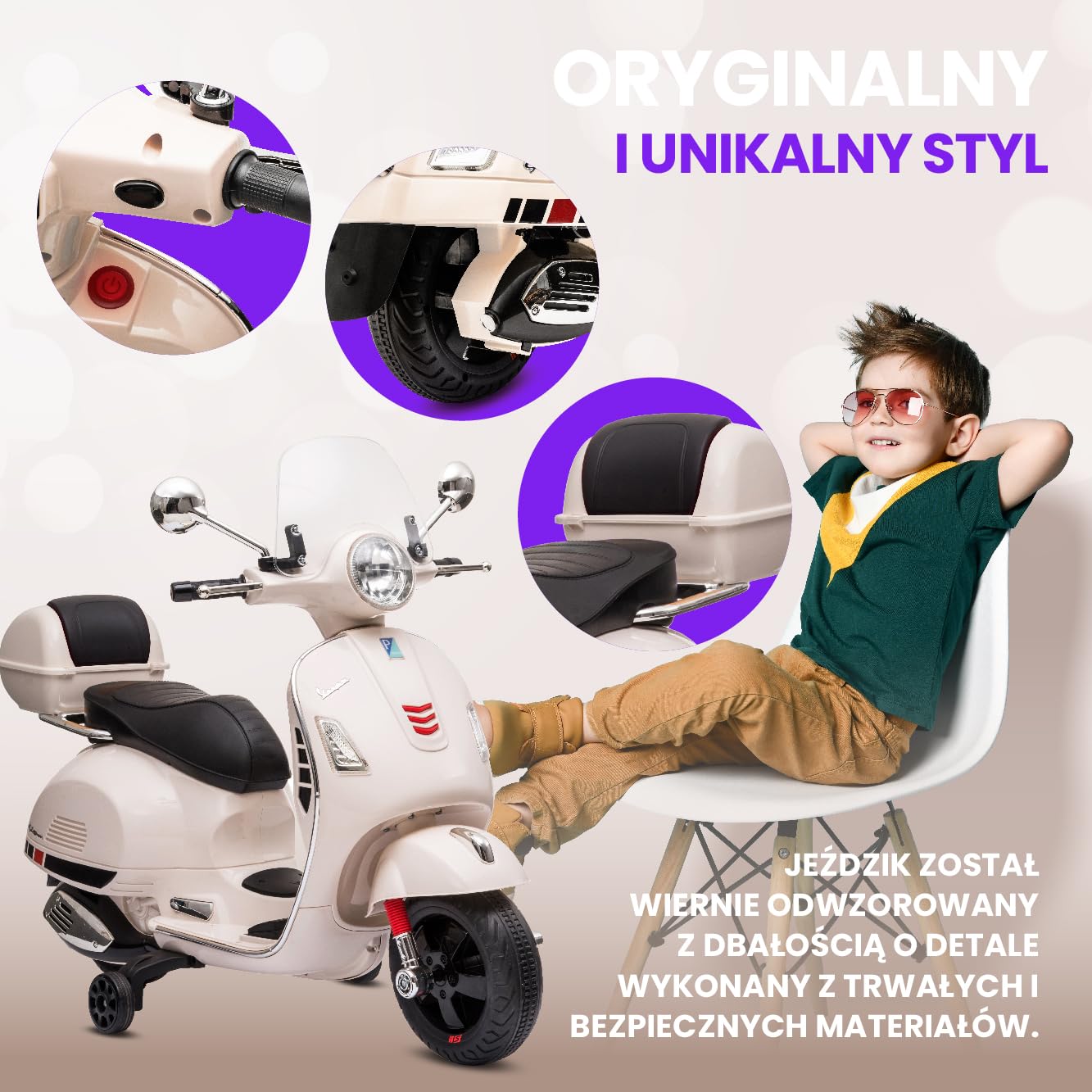 VESPA Elektryczny skuter dla dzieci, jeździk od 3 roku życia, plastikowe koła i siedzisko, kuferek, odtwarzacz MP3, gniazdo USD MicroSD AUX (Biały)