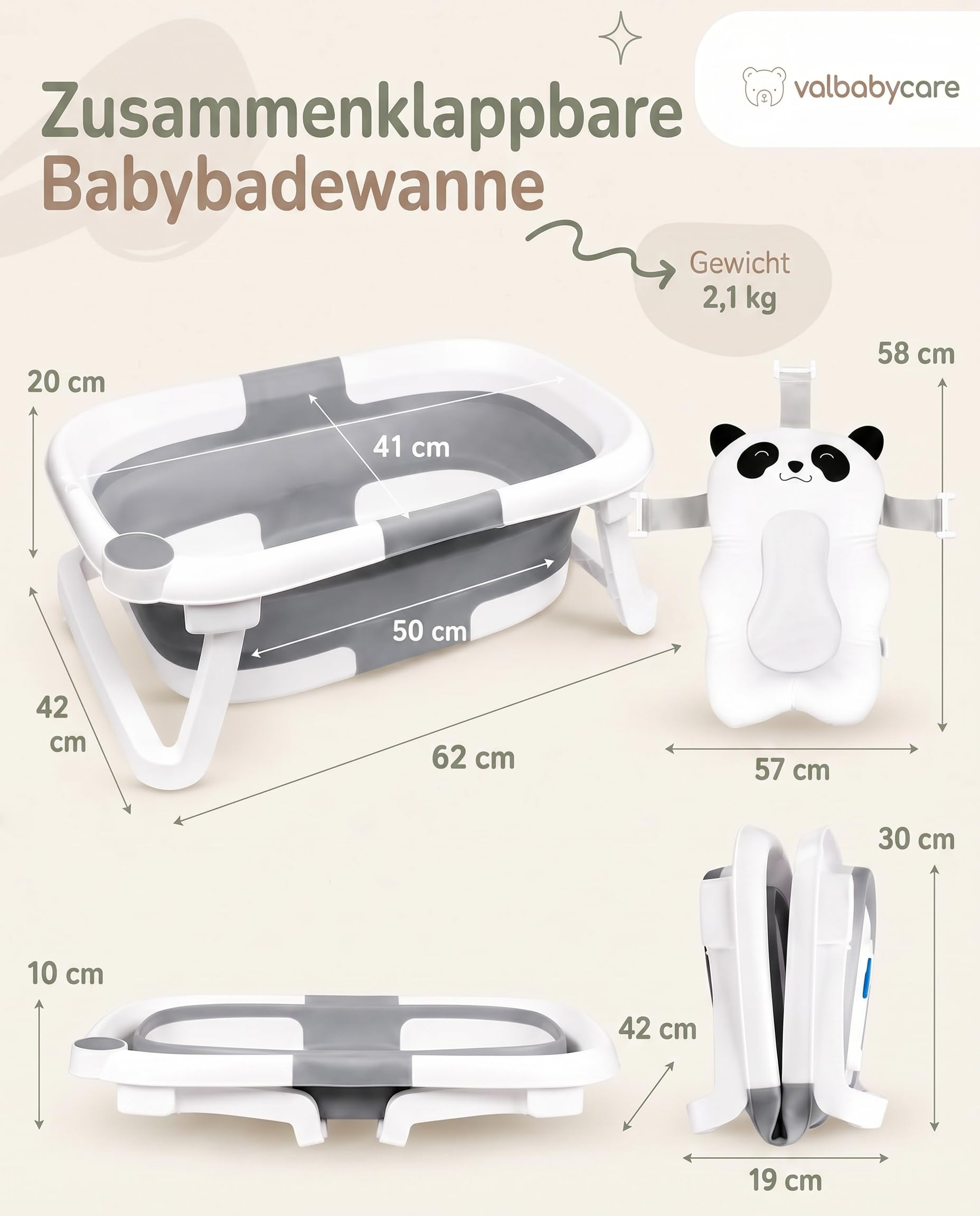 Baby Badewanne Faltbar Antirutsch Ergonomisch Neugeborene Bis 2 Jahre mit Panda Kissen Groß und gepolstert Faltbare Babybadewanne Babywanne Tragbare Wanne Leicht Zu Reinigen BathTub Bath VALBABY