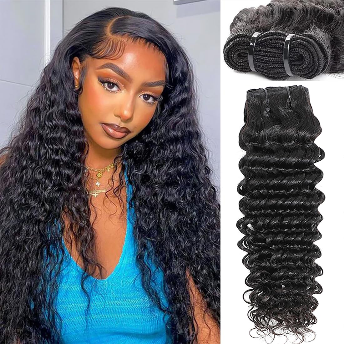 Deep Wave Bundles Human Hair 24 Inch Single Bundle Upgrade Brazilian Virgin Hair Deep Curly Wet and Wavy Water Wave Bundles Human Hair for Black Women