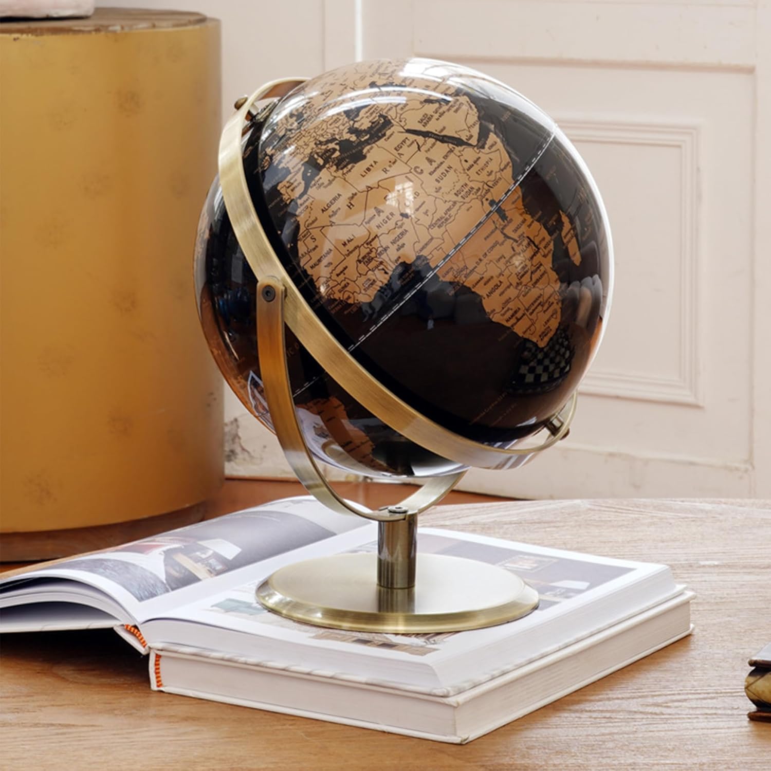 Light Luxury World Globe with Metal Stand, 720° Rotation Black Golden Globe, Stylish and Elegant Adult Home Office Desk Bookcase Decoration & Gifts, 9'' (L)