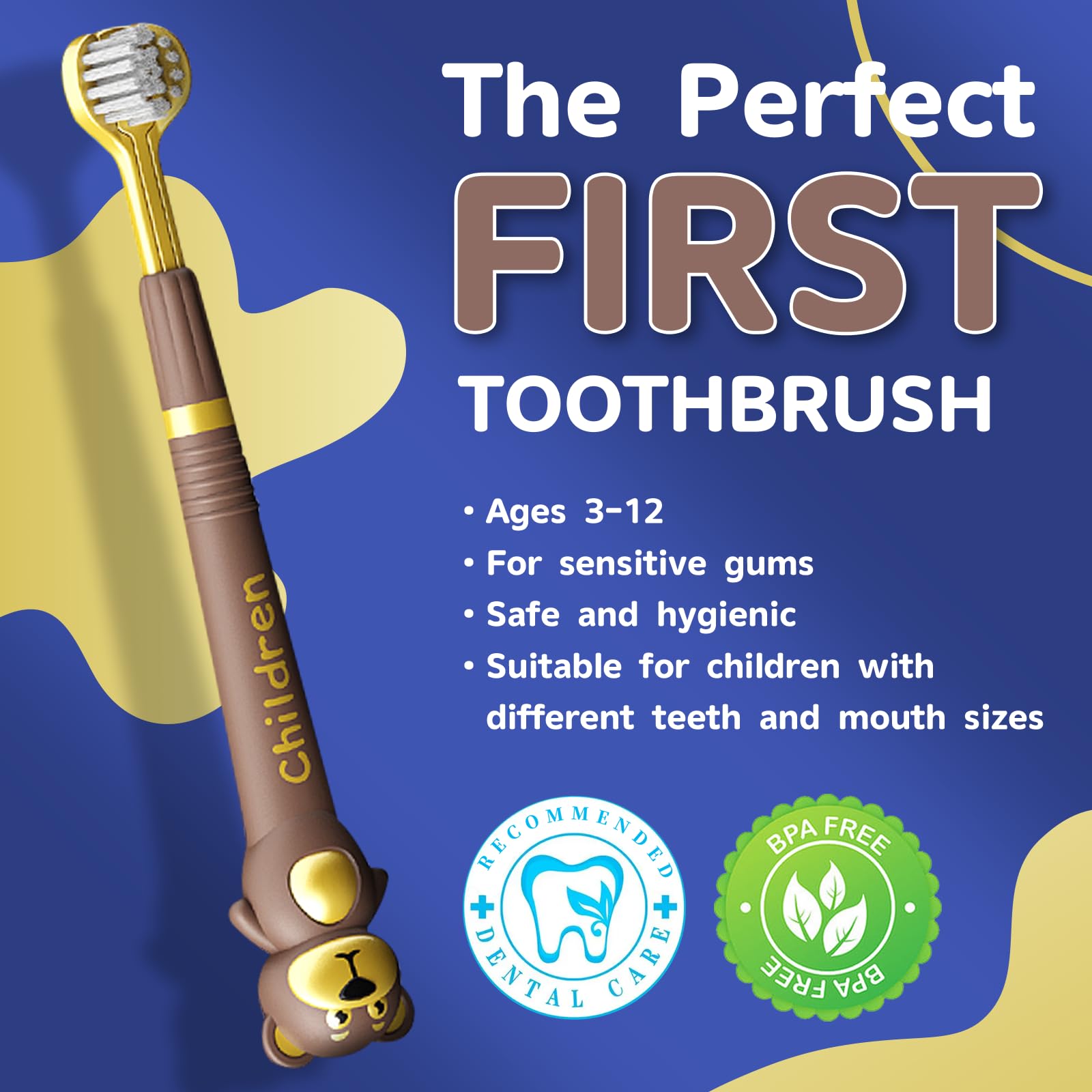 Cepillo de dientes de 3 caras para niños, diseño japonés de triple ángulo, diseño de oso de dibujos animados para niños con autismo, cepillo de dientes para niños de 3 a 12 años, cerdas suaves