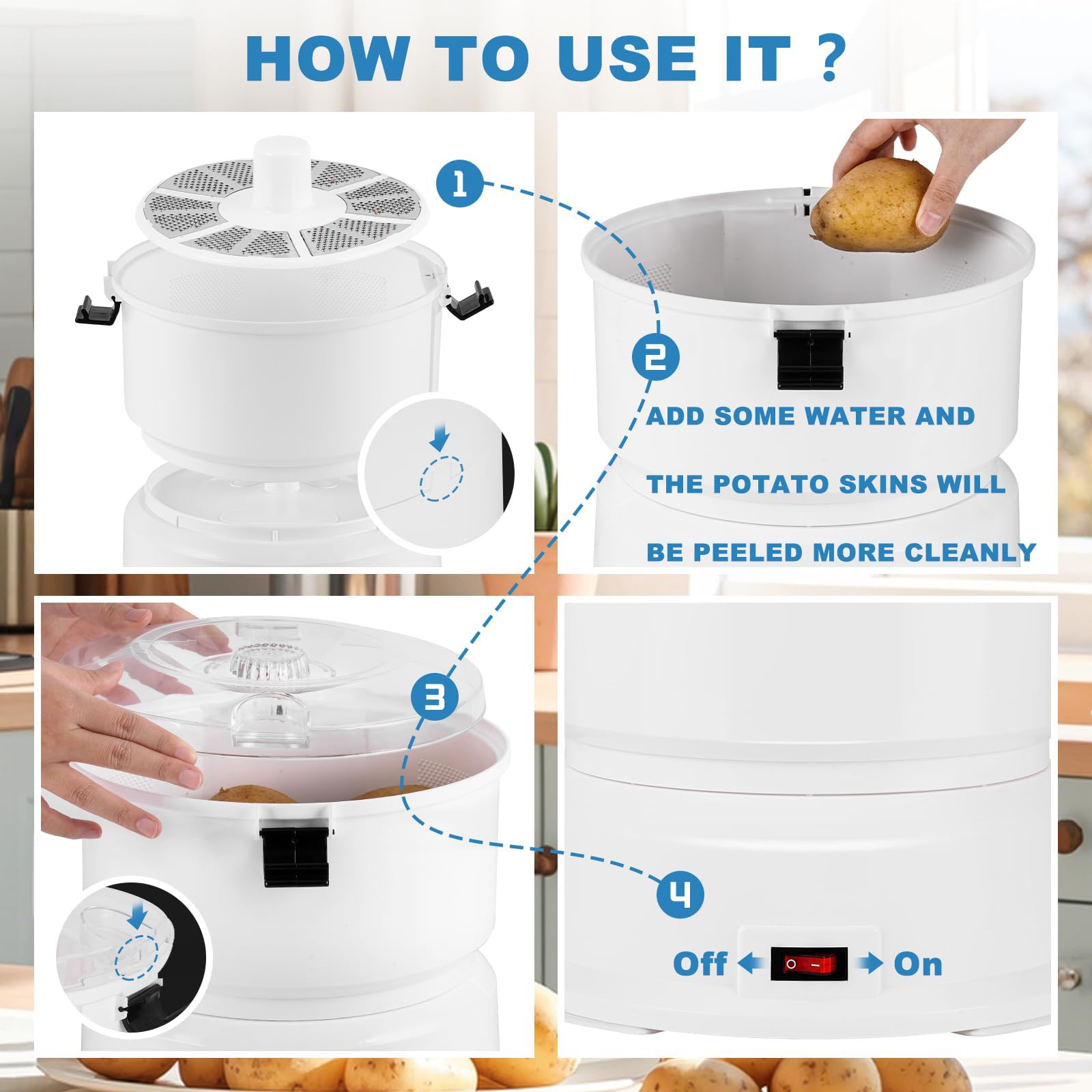 Pelapatate Elettrico, Rumbler Per Patate Elettrico Da 85 W Con Contenitore E Blocco Di Sicurezza Rotante Per Pelare Patate E Centrifugare Le Verdure Per Rimuovere L'acqua In Eccesso