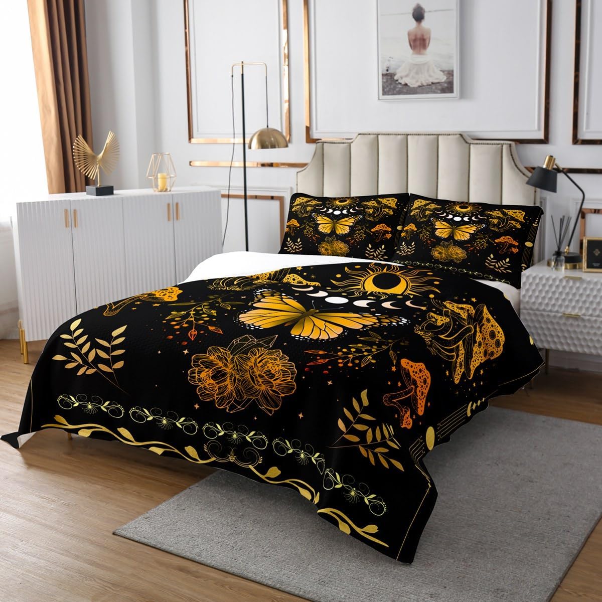 Erosebridal Mushroom Quilt Set King, Butterfly Bedspread Set, Sun Moon Mooth Coverlet Set, Gothic Floral Abstract Leaves Yellow Orange Ombre Bedroom Decor Bed Set for Kids Adults