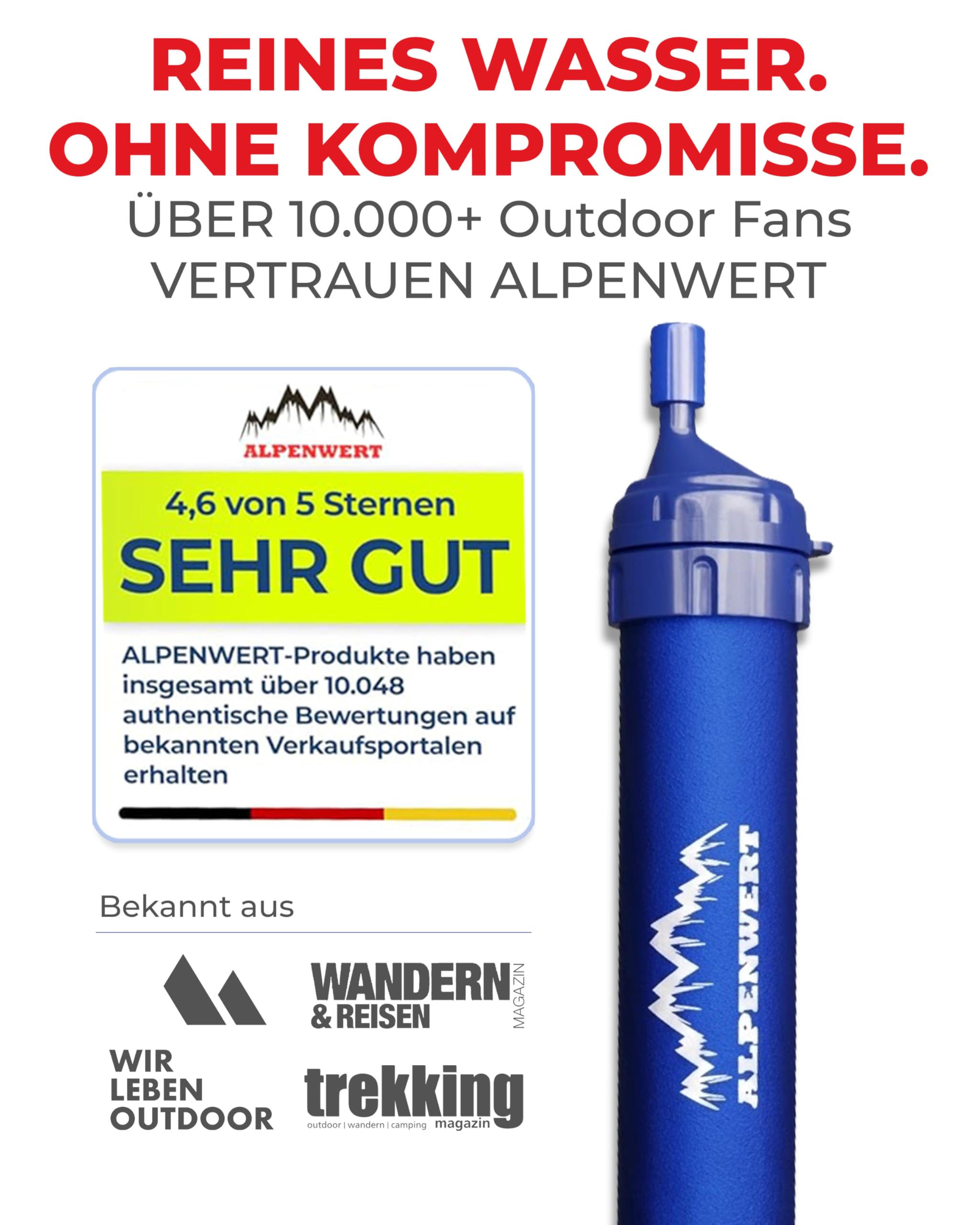 ALPENWERT Wasserfilter Outdoor - Trinkwasserfilter für 4000 Liter gefiltertes Wasser - Trinkwasseraufbereitung die 99,99% aller Keime und Bakterien abtötet