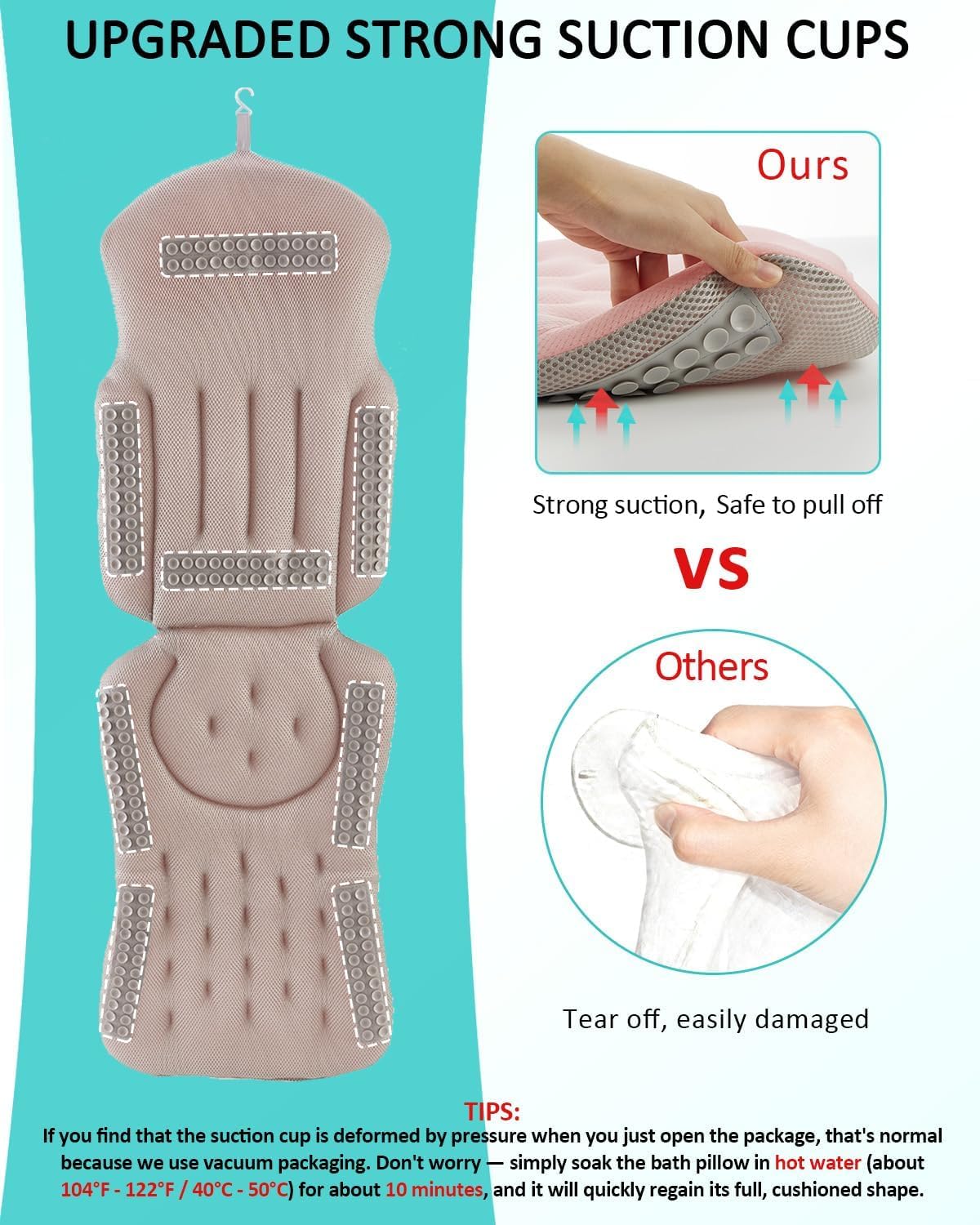 Full Body Bath Pillow for Bathtub, 5D Thick Tub Pillow for Bathtub with 192 Non-Slip Suction Cups, Laundry Bag & Hook, Bathtub Pillow for Head, Neck & Back Support (Pink, 51"*15")