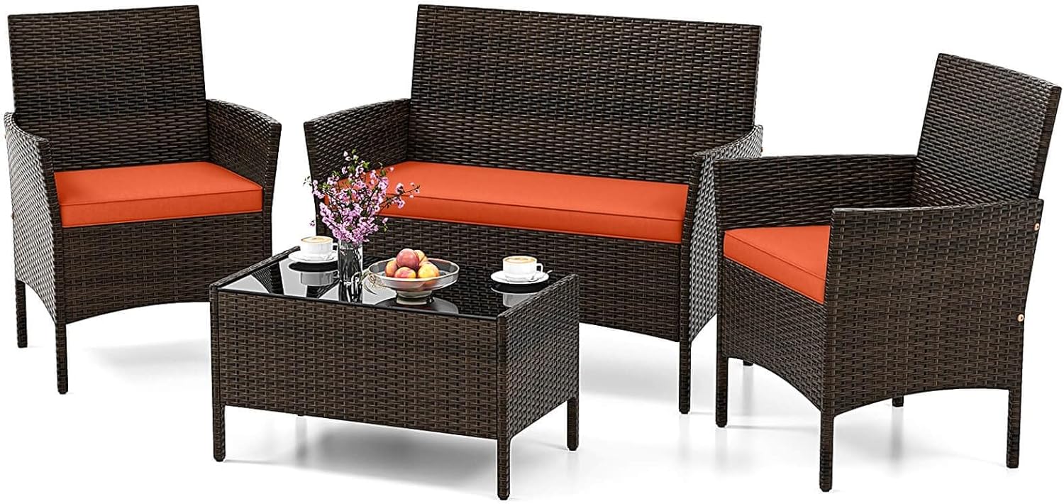 4 PCS Patio Furniture Chair & Table Set with Washable Cushions and Tempered Glass Coffee Table