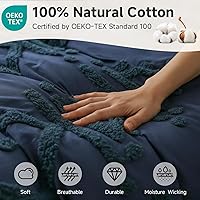 Vista 2 de Simple&Opulence Juego de funda de edredón 100% algodón Boho copetudo tamaño Queen, funda de edredón bordada texturizada color azul marino con 2
