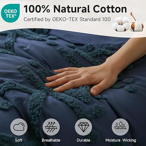 Miniatura 2 de Simple&Opulence Juego de funda de edredón 100% algodón Boho copetudo tamaño Queen, funda de edredón bordada texturizada color azul marino con 2