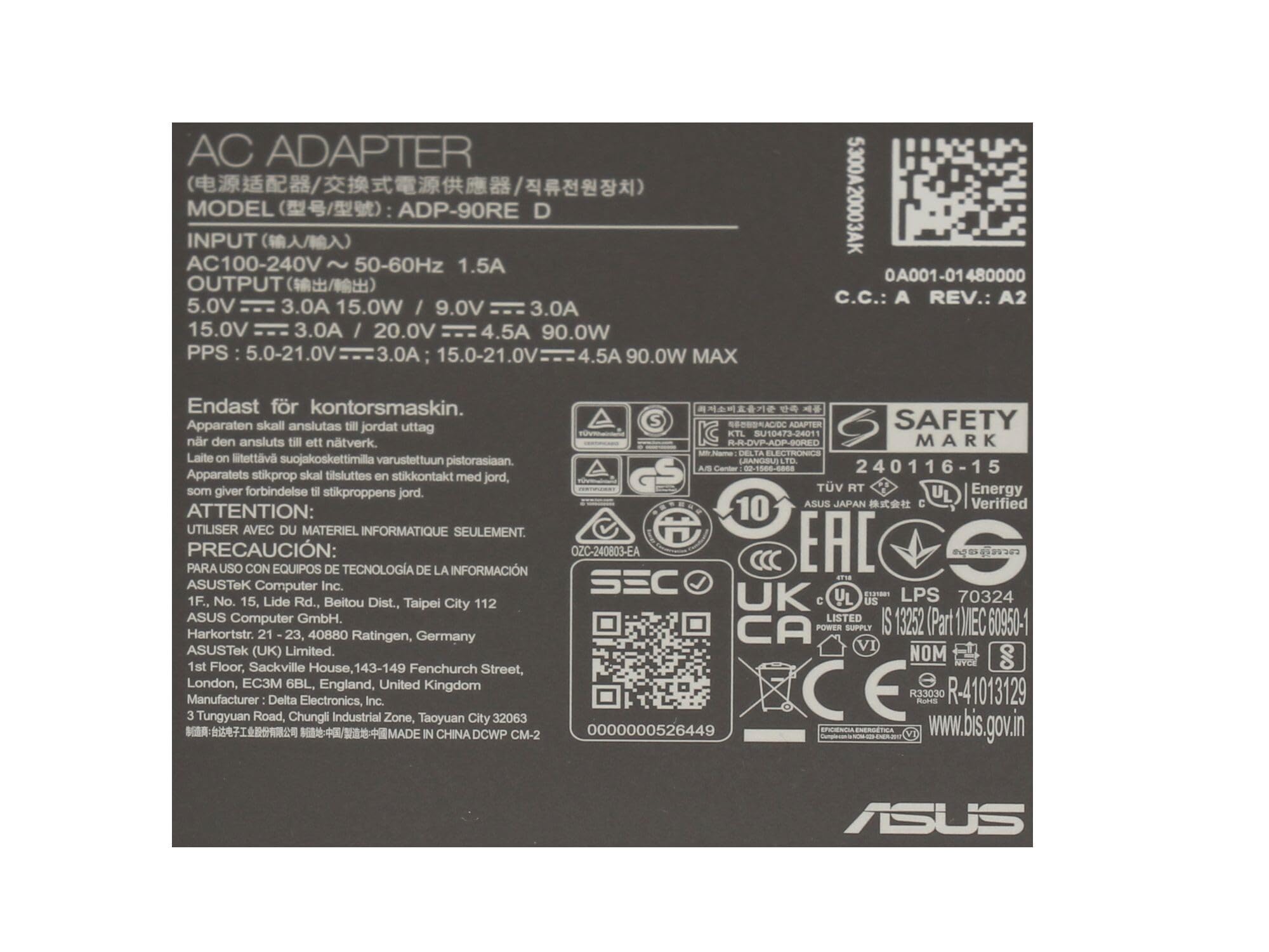 Asus 0A001-00059500 Original USB-C Chargeur 90 Watts