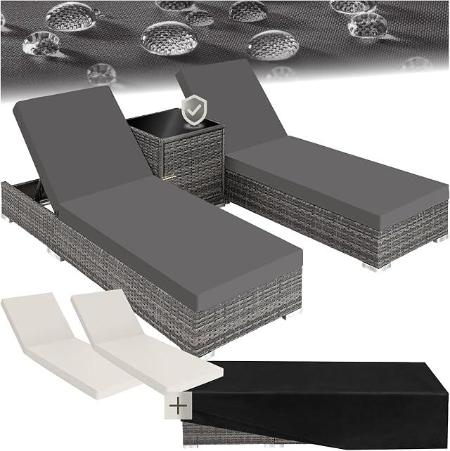 tectake® Set 2 x Lettino Alluminio, Poly Rattan, Lettini Prendisole, Lettini da Giardino, Tavolo Giardino, Sdraio Prendisole, Sedia, Involucro Protettivo, 2 Federe - Grigio