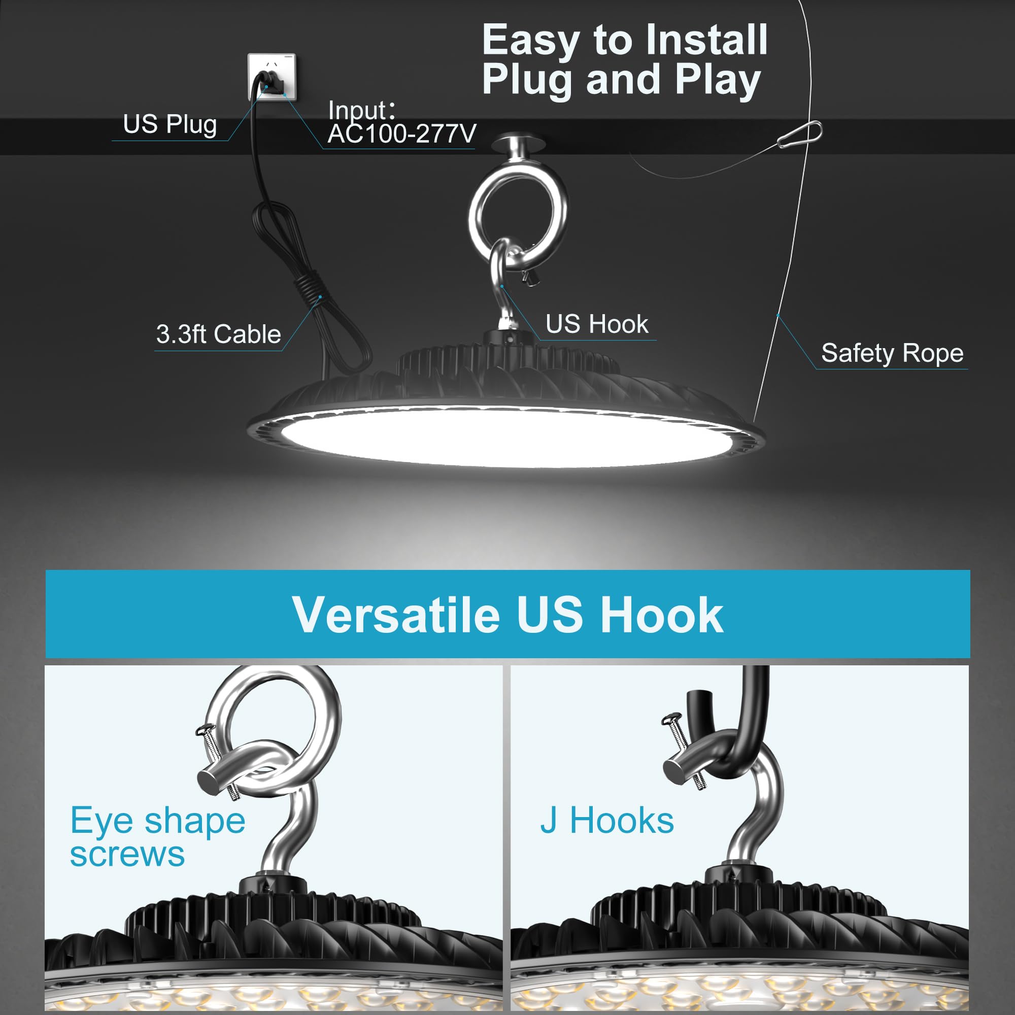 Upgrade 200W UFO LED High Bay Light 5000K High Bay LED Lights 30000LM Super Bright Warehouse Lighting AC100-277V — view 8