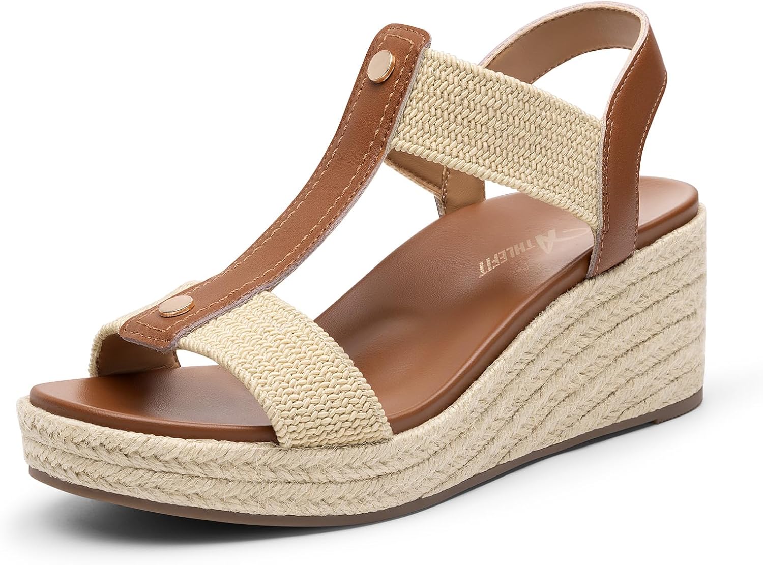 Athlefit Espadrille Wedge Sandals for Women Platform Comfortable Dressy Casual Open Toe Elastic Strap Brown Sandals with Arch Support for Summer Walking Size 9