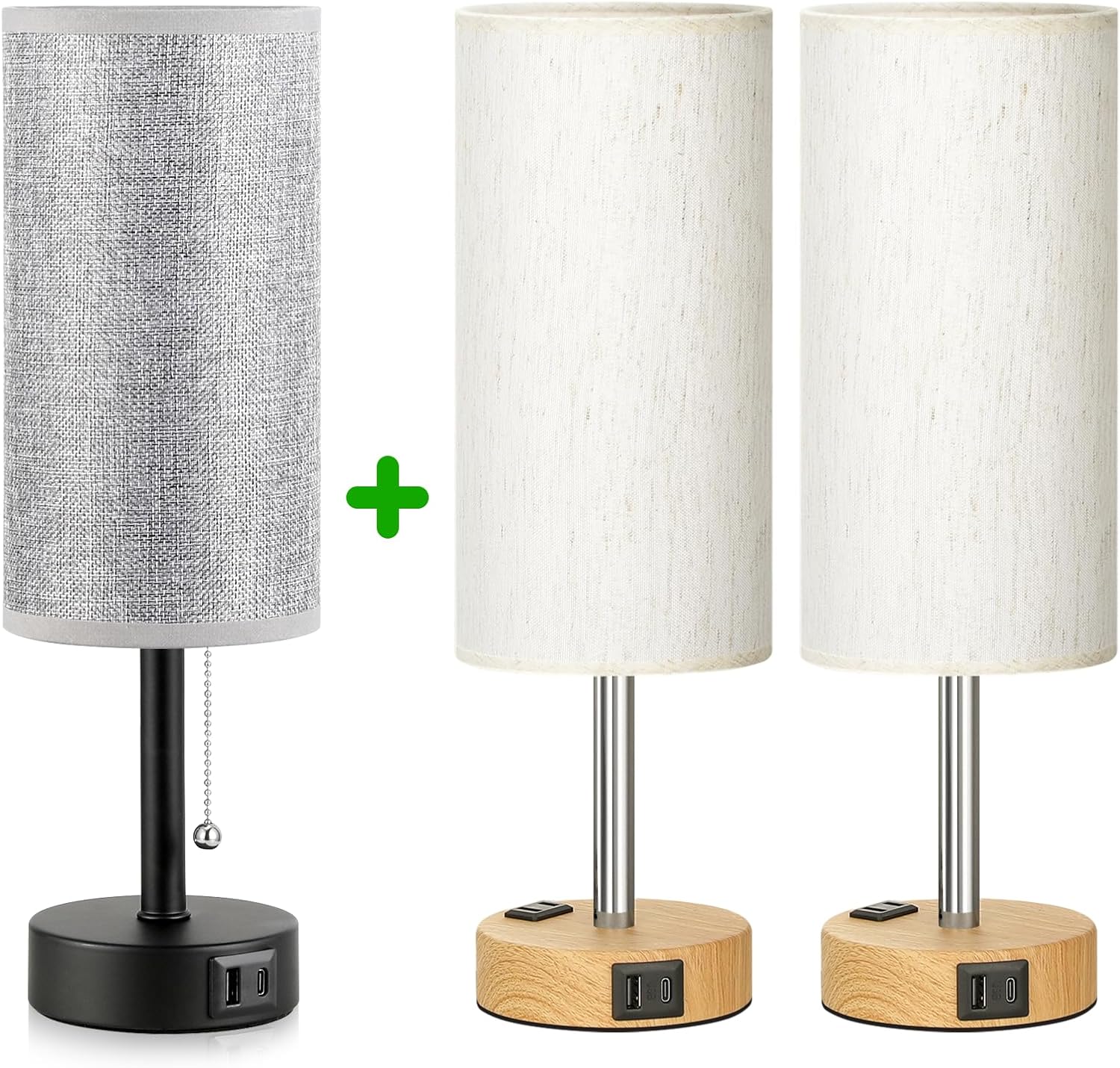 Bedside Lamp for Bedroom Set of 3 - Small Table Lamp with USB A + C Charging Port, Night Stand Light with Bulb, Side Table Desk Reading Lamp for Living Room