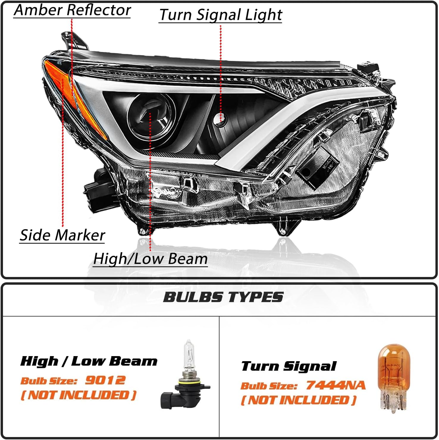 Headlights Assembly Pair for 2016 2017 2018 Toyota RAV4 Headlamps Head Lights Replacement Driver and Passenger Side,Chrome Housing Amber Reflector