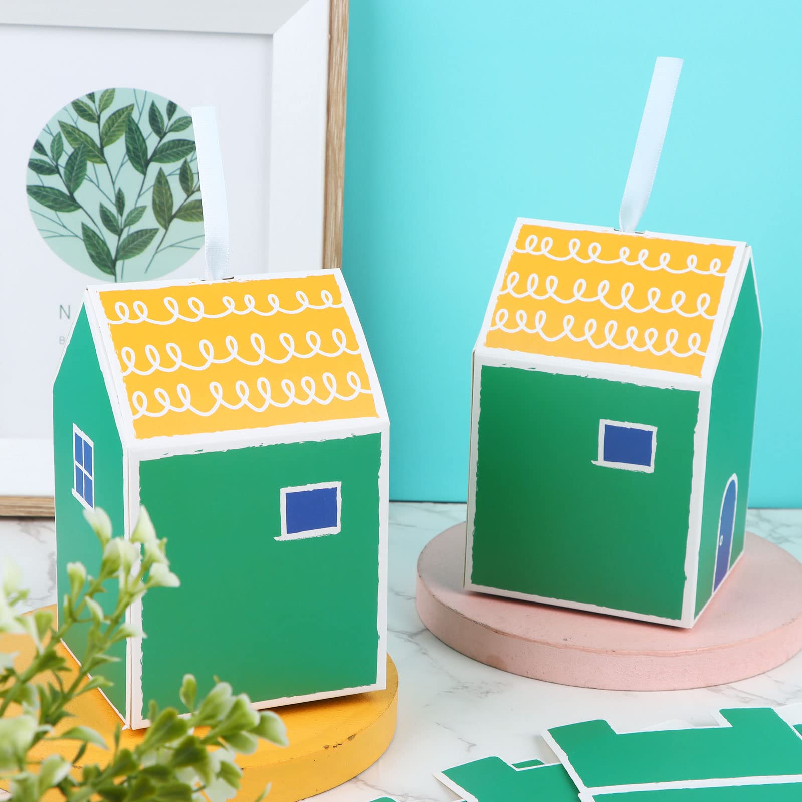 Easywiny Geschenkboxen Hausförmig – 36 Stück, Weiß, Mit Rotem Band, Für Süßigkeiten & Kekse