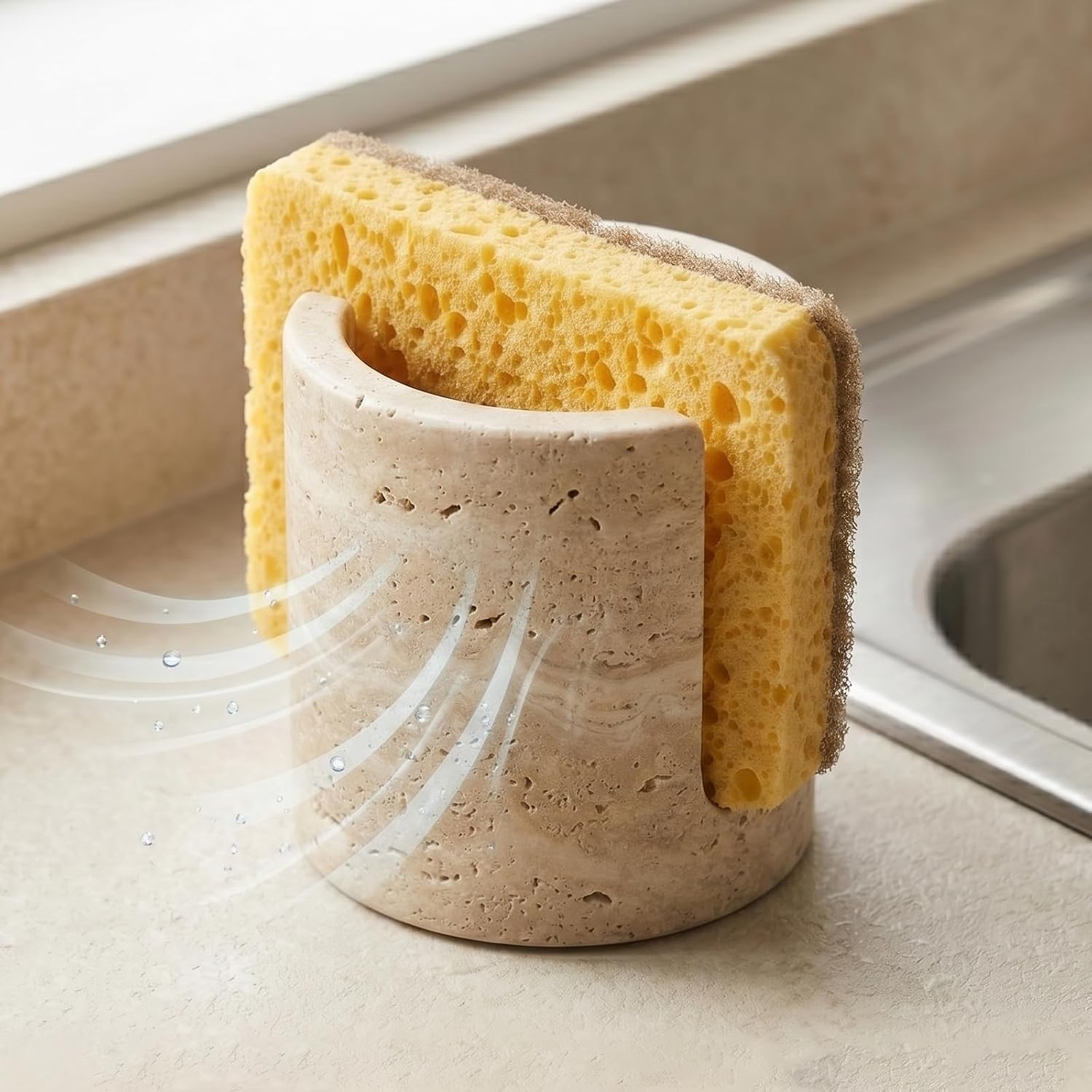 Luxury Natural Travertine Sponge Holder for Kitchen Sink, Minimalist Wabi-Sabi Hand-Carved Stone Sponge Caddy, Heavy Duty Quick Dry Marble Sink Organizer - Unique Housewarming & Wedding Gift