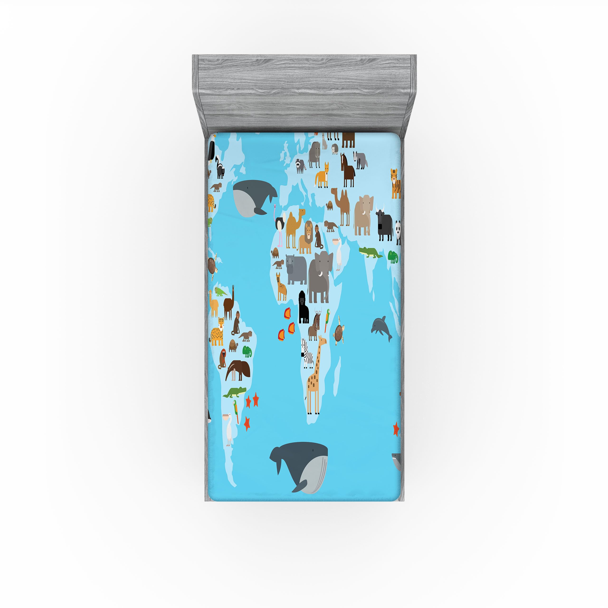 Ambesonne Geography 2 Pack Fitted Sheet, Guide Animals World Map, Bed Cover All-Round Elastic Deep Pockets 2 Pieces, Package Contains 2 Twin XL Size Fitted Sheets, Brown Blue Grey