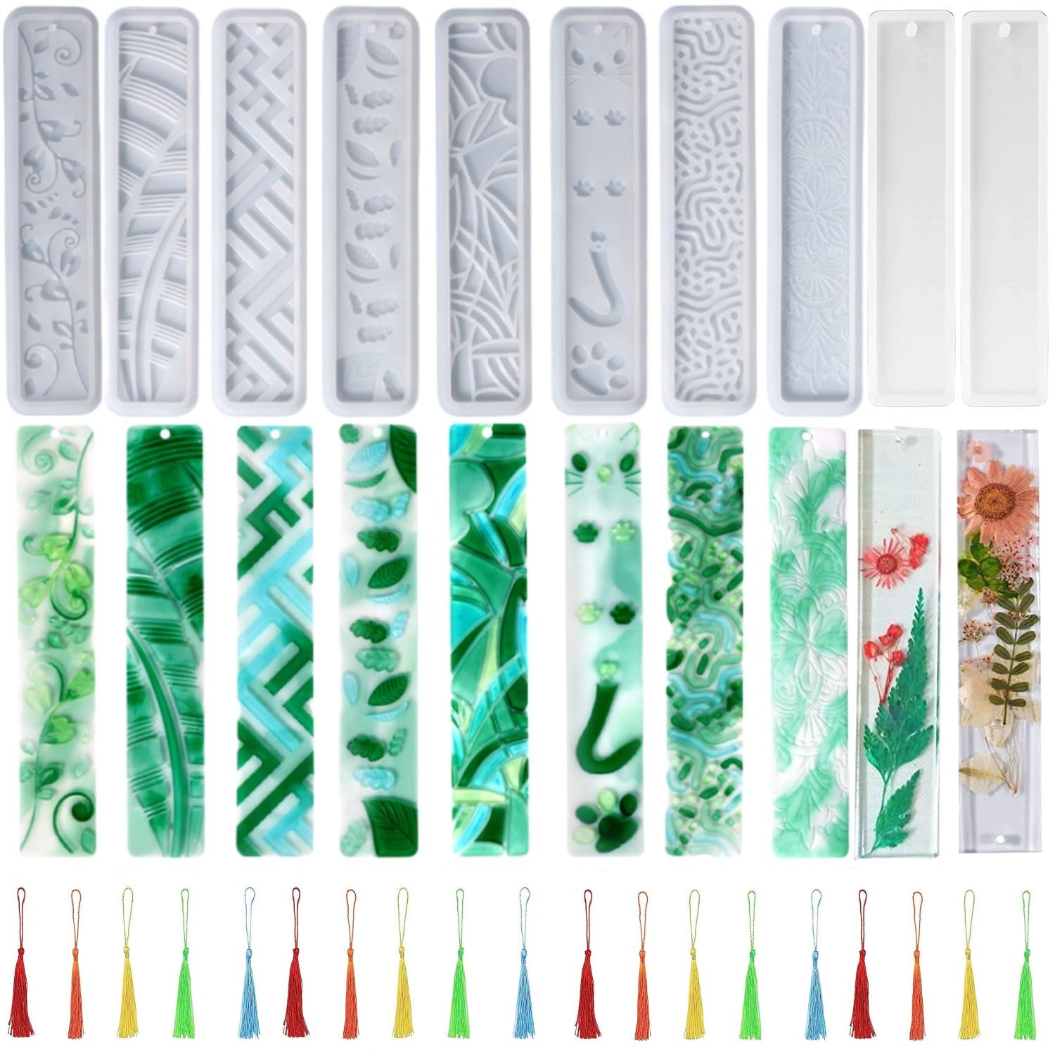 Accfore 10 moldes de resina para marcapáginas con 20 borlas de colores, moldes de silicona para resina, moldes de silicona de estilo actualizado para moldes de resina epoxi, gran regalo para todas las
