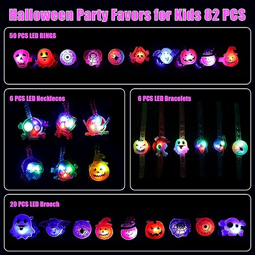Miniatura 2 de Recuerdos de fiesta de Halloween, juguetes para niños, 82 piezas de suministros de fiesta que brillan en la oscuridad, 50 anillos + 20 broches + 6