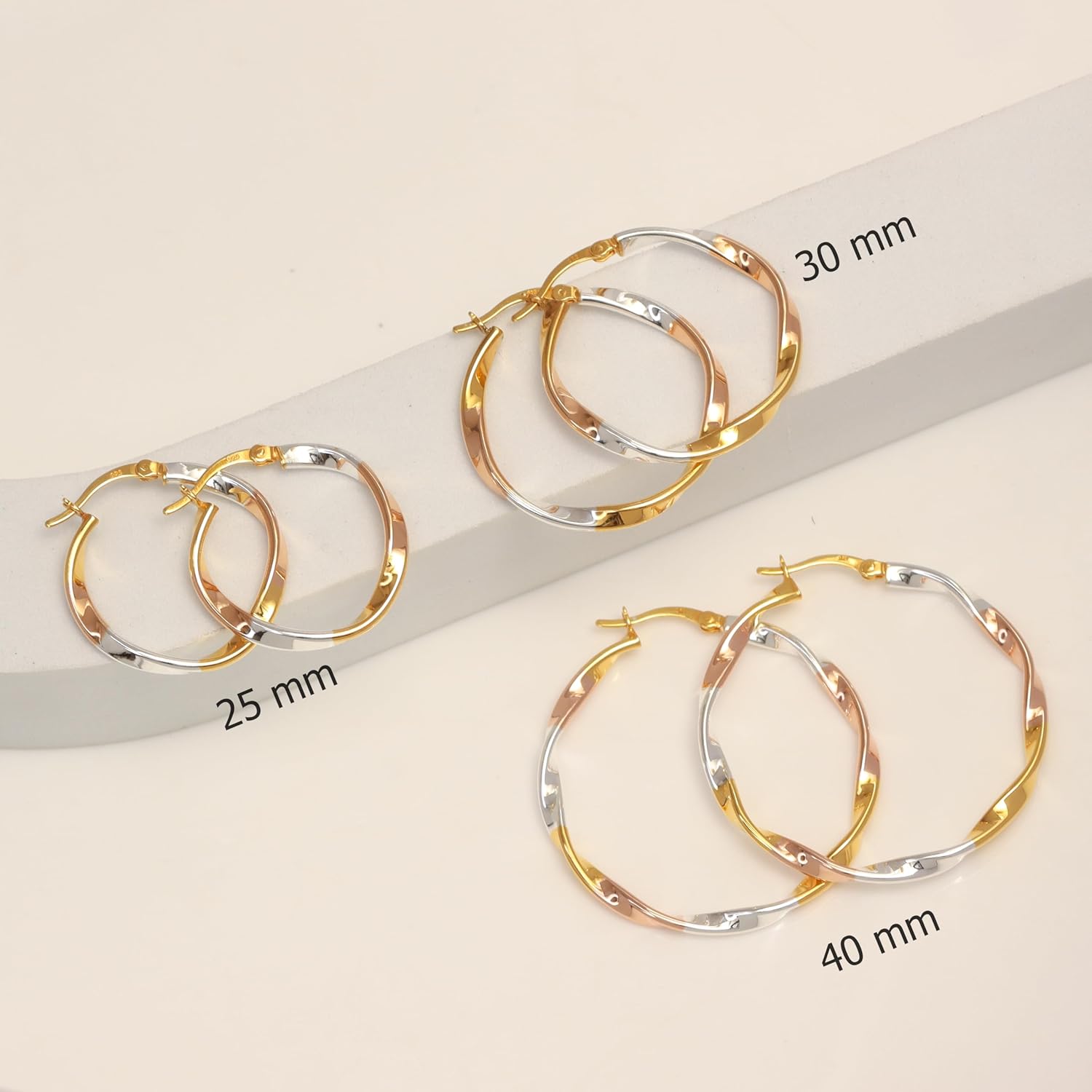 LeCalla Real 925 Sterling Silver Hoop Earrings | 14K Gold-Plated Three-Tone Twisted Earring Jewelry | Light-Weight Italian Design Click-Top Hoop Earrings for Women - Image 3