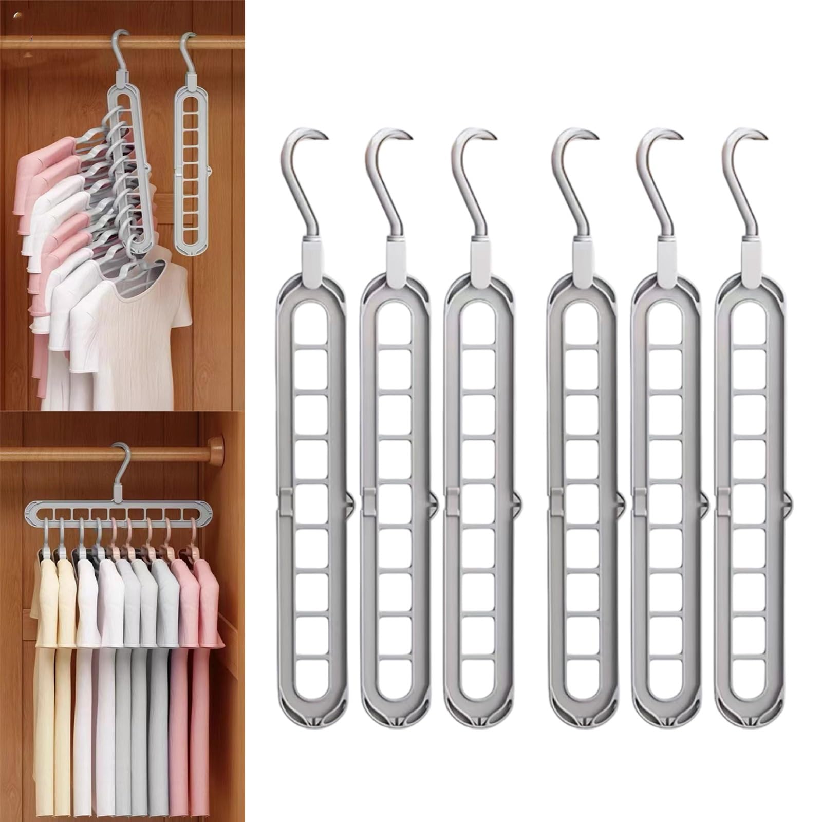 9-in-1 Smart Hanger Pro, platzsparender Kleiderbügel mit 9 drehbaren Anti-Rutsch-Löchern, faltbares Multifunktionsdesign for Kleiderschränke, Schlafsäle und Wohnungen(Gray)