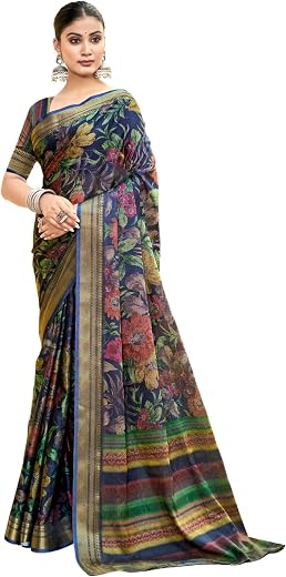 Qyvella Womens Cotton Silk Saree Featuring Floral Digital Print and Traditional Zari Border Design With Blouse 5.5 Meter S...