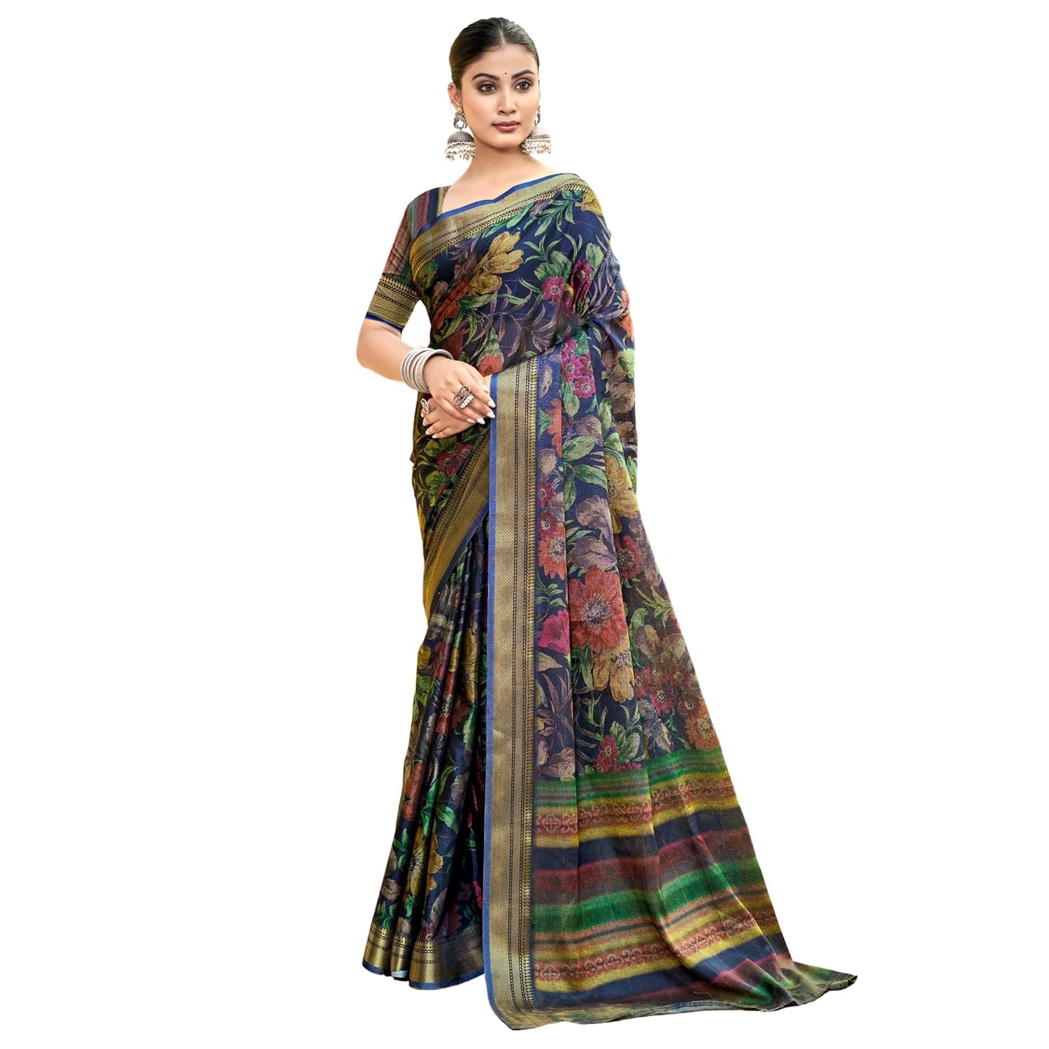 Qyvella Womens Cotton Silk Saree Featuring Floral Digital Print and Traditional Zari Border Design With Blouse 5.5 Meter S... - Review, Price and Buying Guide