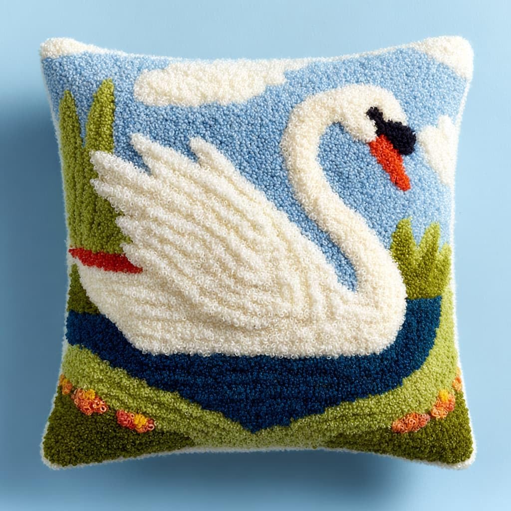 Taxpy Latch Hook Kits, White Swan Pillow Pre-Printed Patterns Pillowcase Needlework Crochet Yarns Latch Hooking Cushion for Sofa Decor 17x17inch
