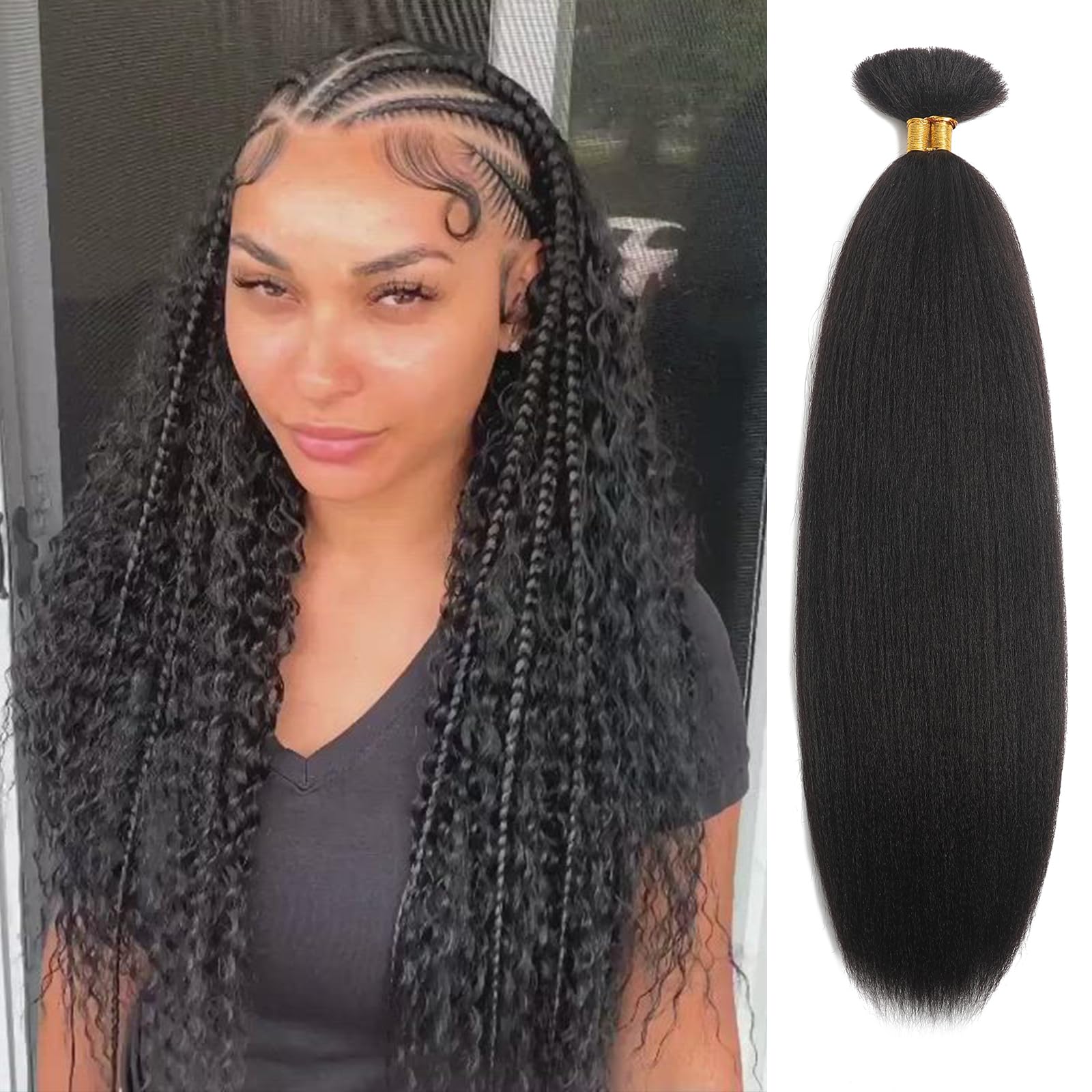 Human Braiding Hair Extension Kinky Straight Bulk Human Hair 22 Inch 2 Bundles 100g/Bundle Wet and Wavy Yaki Straight Bulk Hair Extensions for Black