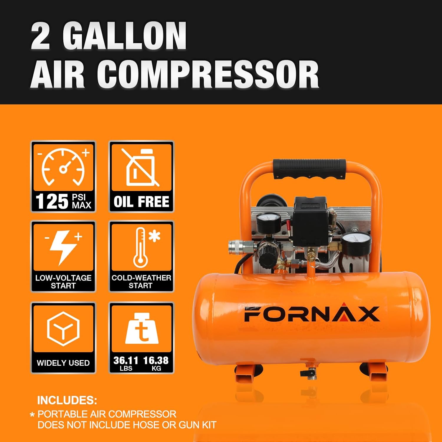 FORNAX Air Compressor, 2 Gallon Oil-Free Portable Compressor, 120V 1HP, 2.2 CFM @ 90 PSI, Max 125 PSI, 65dB Ultra Quiet Portable Compressor for Tire Inflation, Auto Repair, Spray Painting