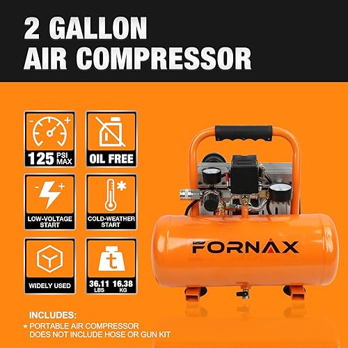 Miniatura 5 de FORNAX Compresor de aire, compresor portátil sin aceite de 2 galones, 120 V 1 HP, 2.2 CFM a 90 PSI, máximo 125 PSI, compresor portátil ultra