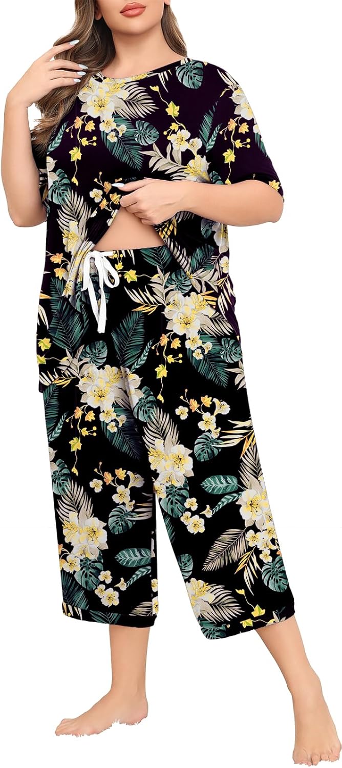 Lastshe Womens Plus Size 2 Piece Pajama Set Soft Short Sleeve Capri Pants Sleepwear Lounge Set Knit Soft Pjs with Pockets - Image 2