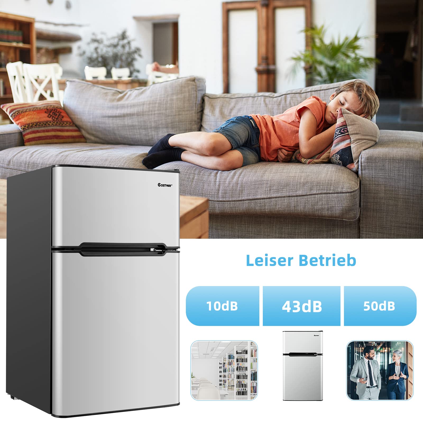 COSTWAY 90L Kühlschrank mit 27L Gefrierfach Kühl-Gefrier-Kombination Standkühlschrank Gefrierschrank mini Kühlschrank (grau)