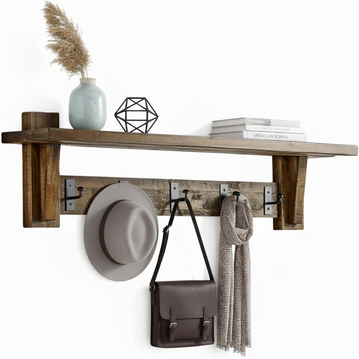 Alaterre Furniture Durango 60 Inch Solid Wood Entryway Organizer - Rustic Industrial Farmhouse Wall Mounted Coat Rack with Shelf and 5 Black Metal Hooks for Mudroom, & Living Room (Natural)