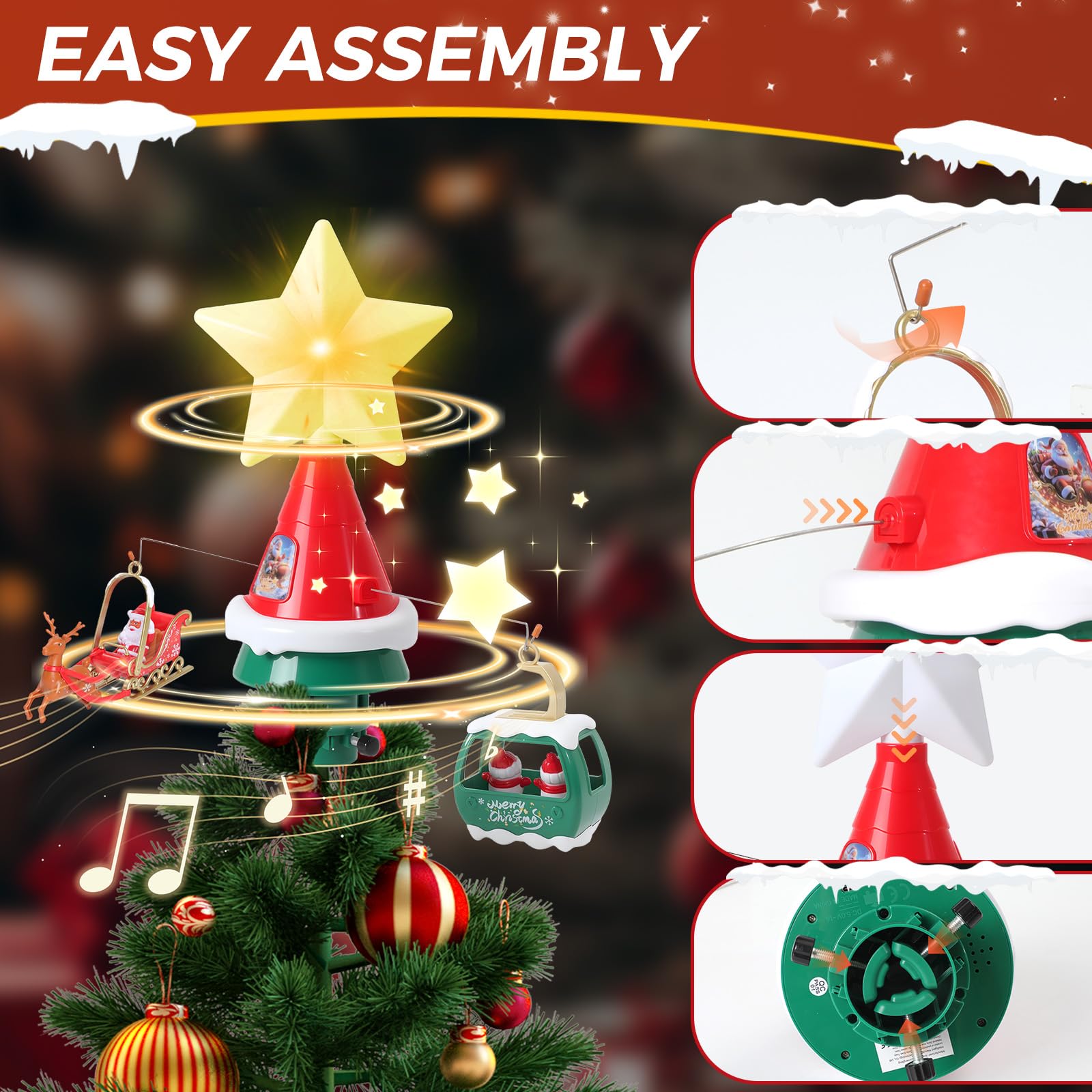 Decoración giratoria para árbol de Navidad con estrella LED, trineo de Papá Noel y teleférico, decoración musical alimentada por USB