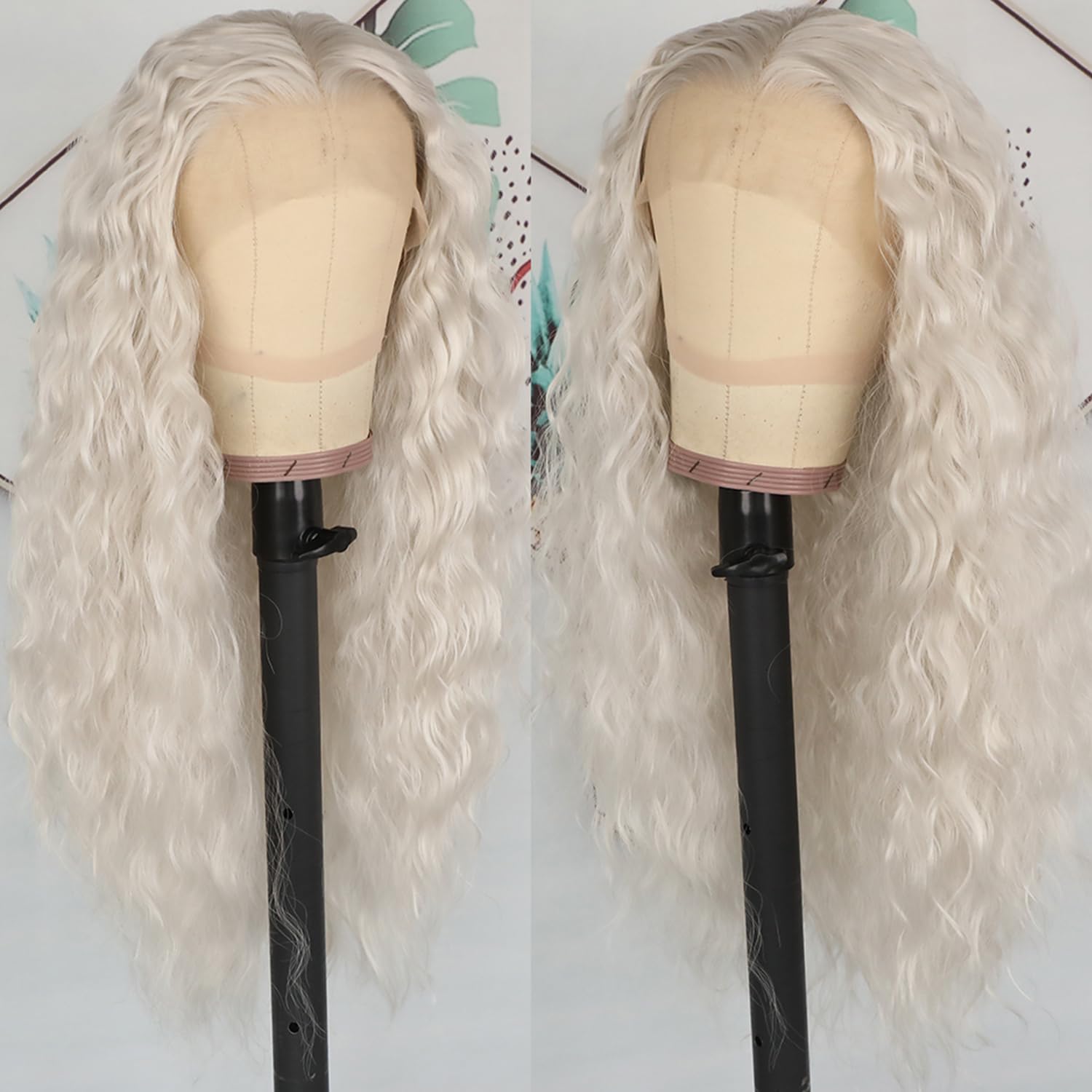Platinum White Loose Curly Lace Front Wigs Long Deep Wave Glueless White Color Wigs Pre Plucked Hairline Heat Resistant Soft Fiber Hair Synthetic Lace Front Wigs for Black Women
