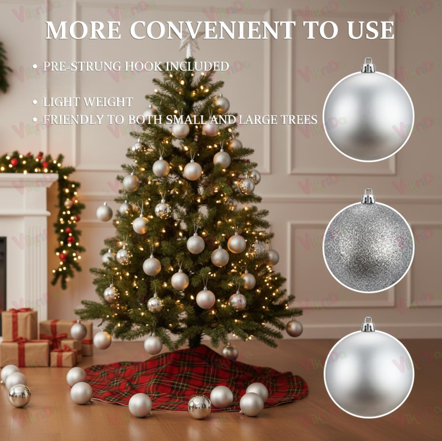 VikriDA Big Size 10 cm Christmas Ornament Balls (12 Pcs) | Glitter Snowball Hanging Decorations for Xmas Tree & Party Décor – White 3