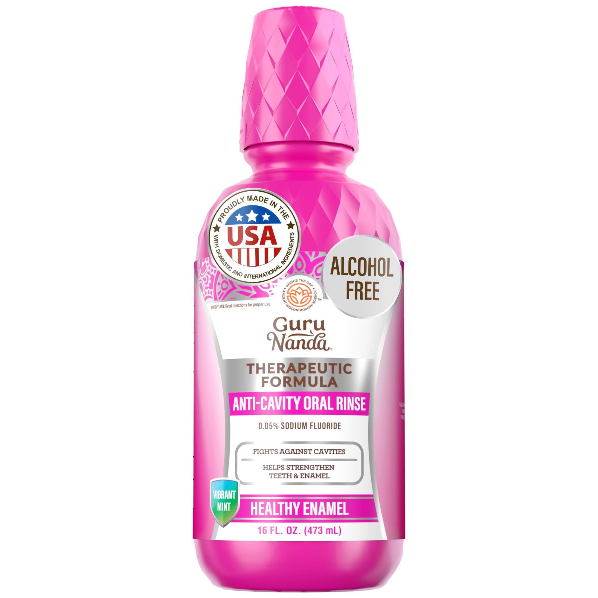 GuruNanda Anticavity Fluoride Mouthwash – Helps Prevent Cavities & Strengthen Teeth and Enamel – 0.05% Sodium Fluoride Therapeutic Oral Rinse – Alcohol-Free, Vibrant Mint, 473 ml