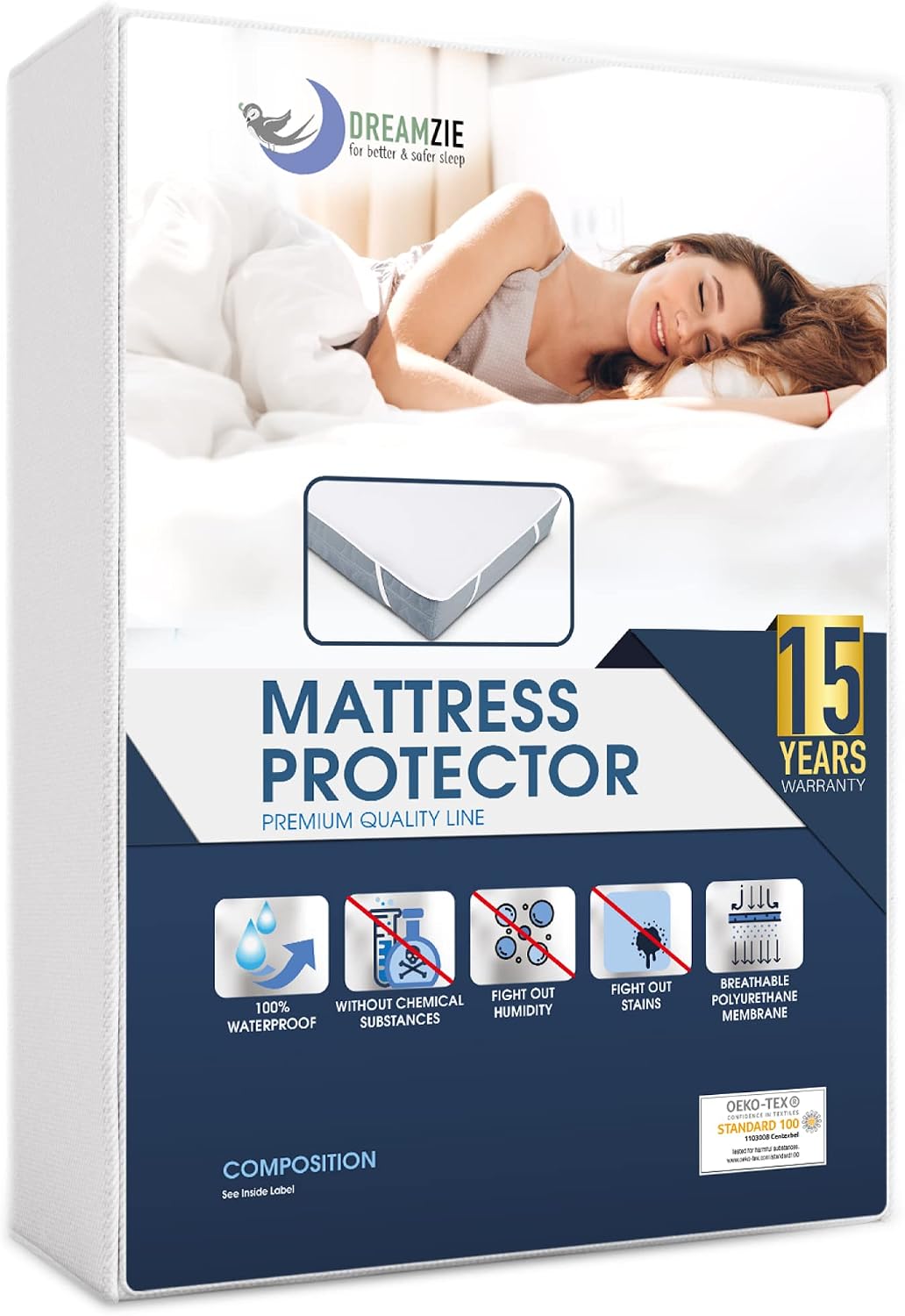 Dreamzie Mattress Protector Waterproof with 4 Elastic Corners - Made in EU - OEKO-TEX® Certified - For Mattress Double Bed 135 x 190 cm