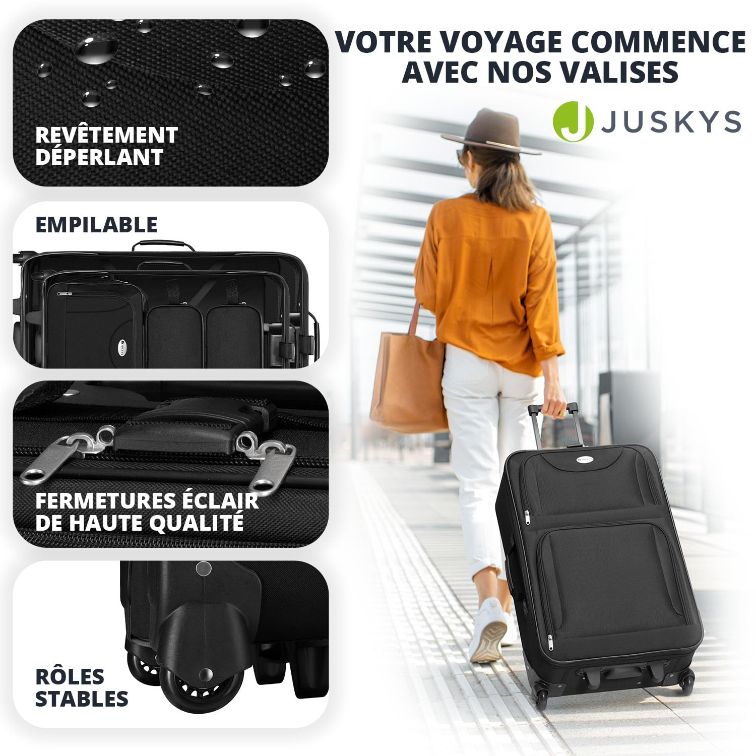 Juskys Trolley Ensemble de valises 5 pièces - 60 et 34 litres, 2 Roues, Coque Souple, Tissu Hydrofuge, légères, Bagage à Main - valises Noires