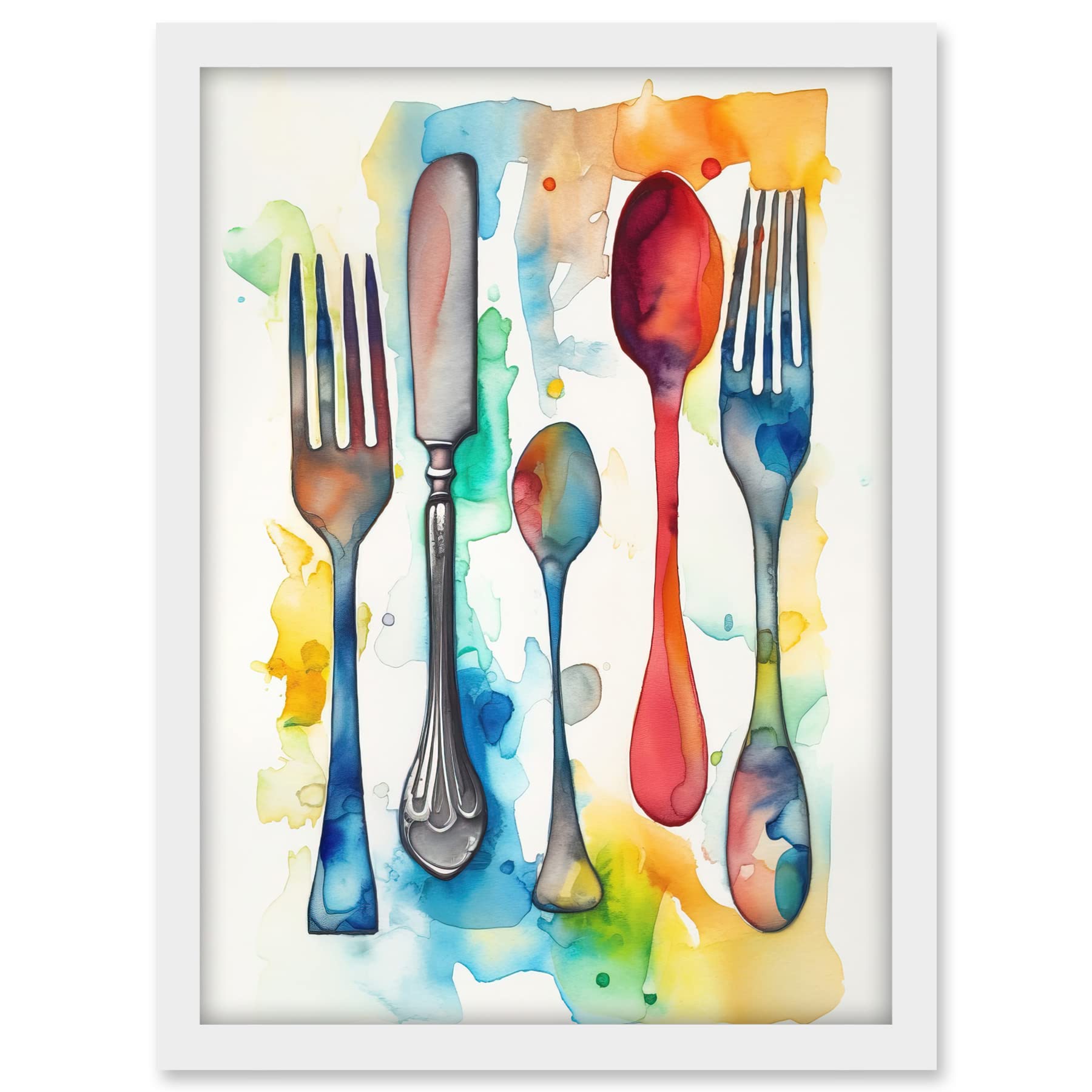 Artery8 Cutlery Forks Spoons And Knife Watercolour Painting Artwork Framed A3 Wall Art Print
