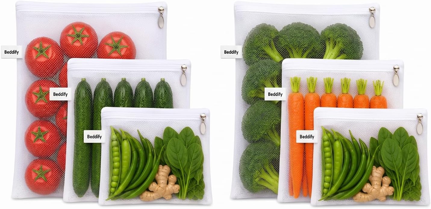 Beddify Set of 6 Reusable Fridge Storage Bags for Vegetables and Fruits with Zipper Dual Layer Mesh Net Multipurpose Multi-Size Kitchen Storage Bags Organizer (White)