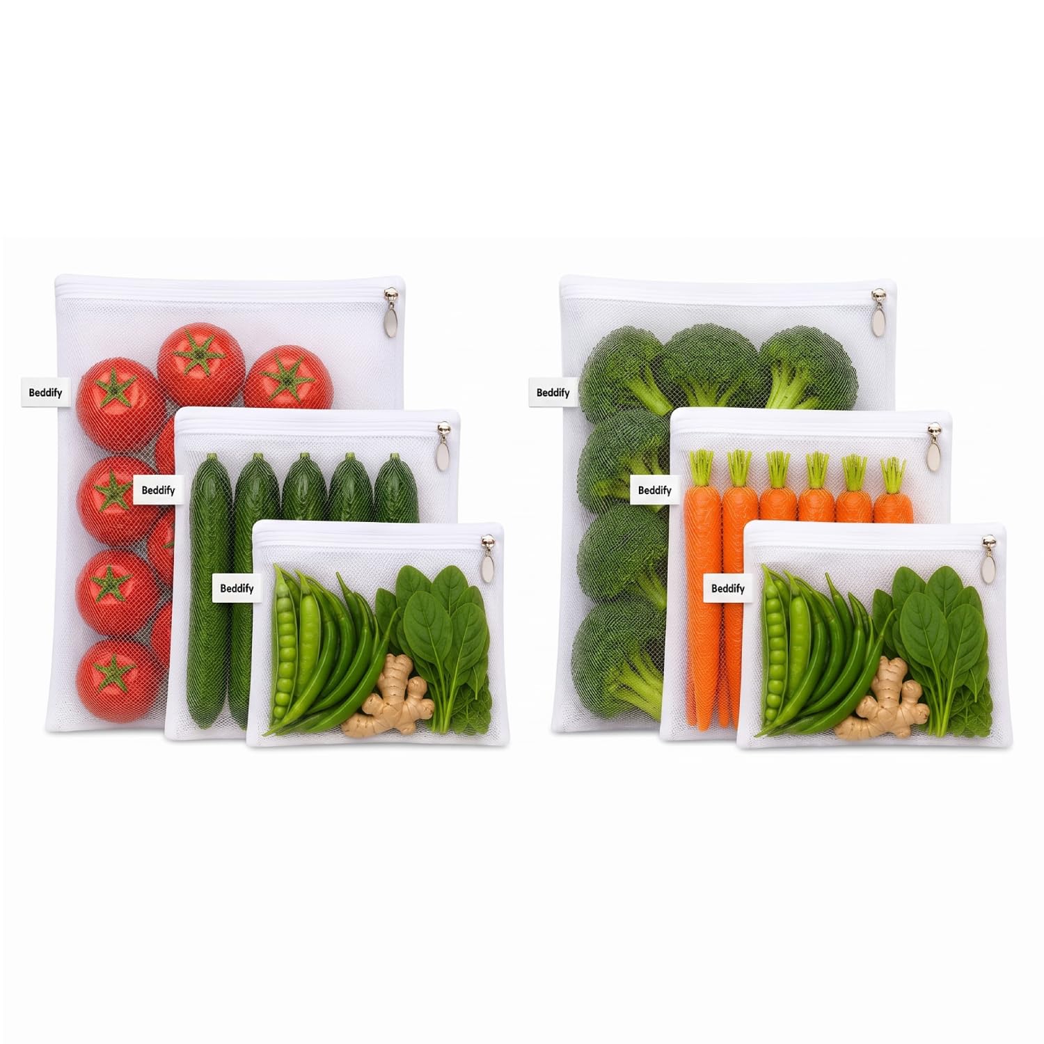 Beddify Set of 6 Reusable Fridge Storage Bags for Vegetables and Fruits with Zipper Dual Layer Mesh Net Multipurpose Multi-Size Kitchen Storage Bags Organizer (White)
