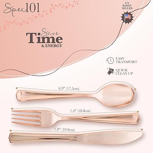 Miniatura 4 de Juego de 300 cubiertos desechables de oro rosa para fiestas, juego de cubiertos desechables preenrollados individualmente con servilletas para