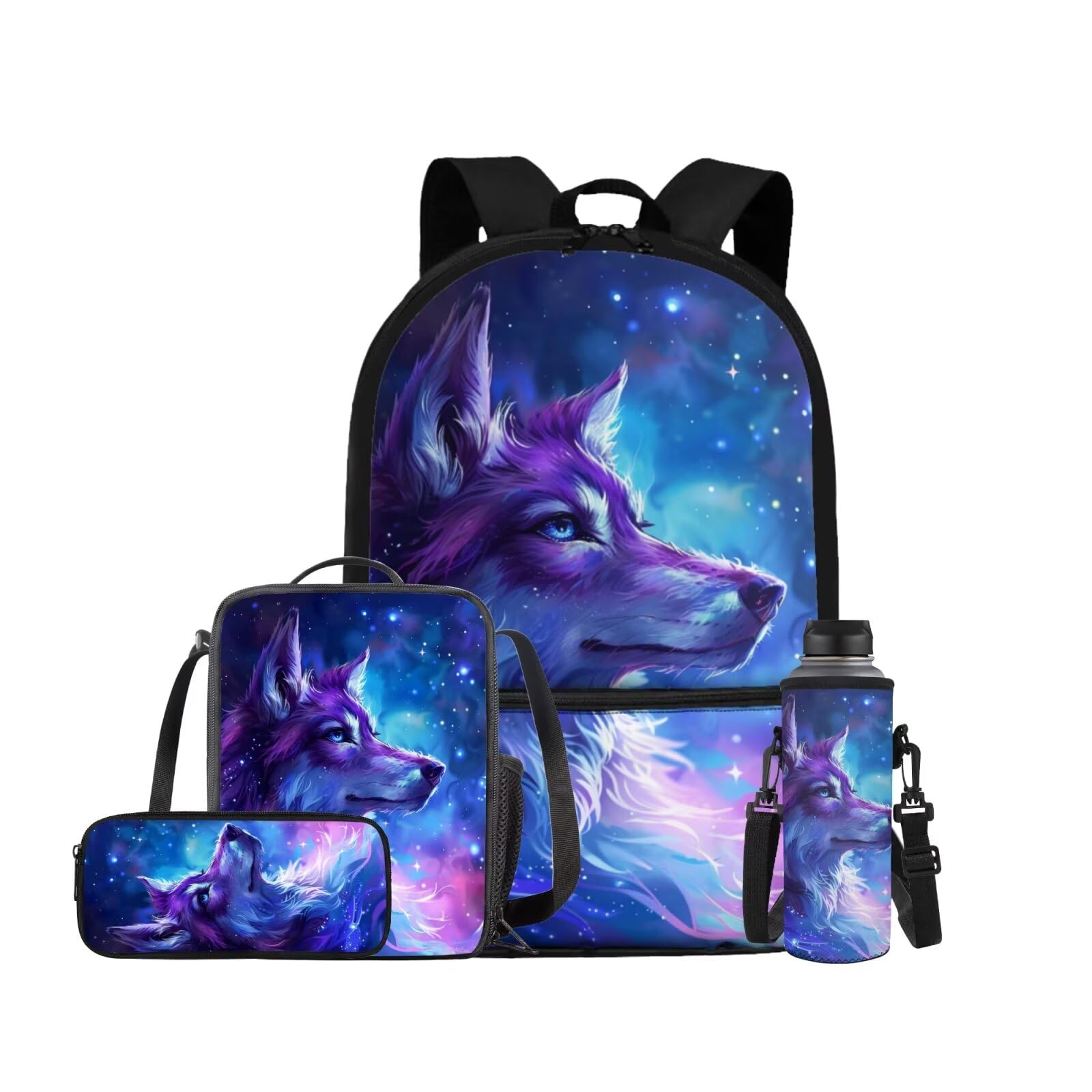 ELEDIZI Galaxy Wolf Backpack for Girls Boys Backpack with Lunch Box Water Bottle Carrier and Pencil Pouch 4PCS Set Bookbag with Front Pocket for
