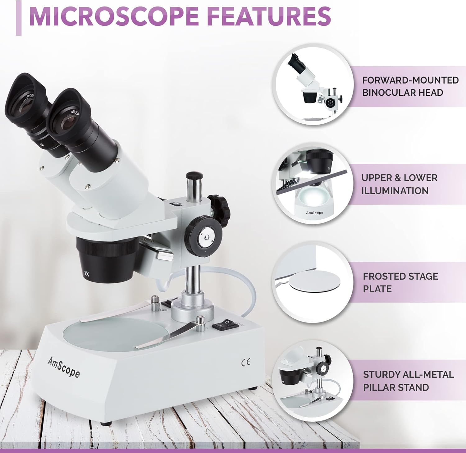 AmScope 20X-40X Student Stereo Microscope w/Premium 9pc 3D Insect Specimen Kit and Optional Digital Camera