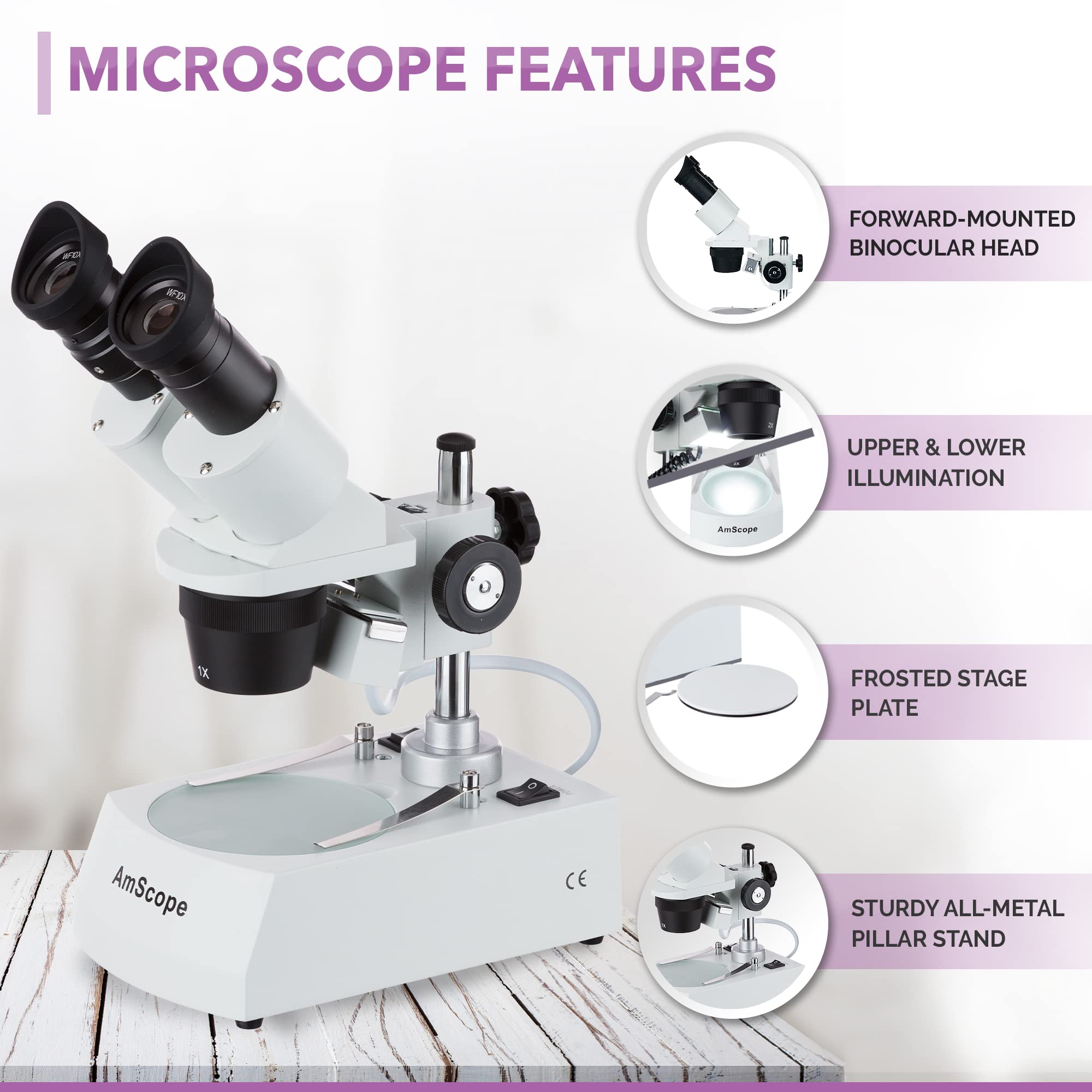 Microscopio estéreo compacto de múltiples lentes 40X-80X con cabeza angular, soporte de pilar de metal, iluminación LED superior e inferior