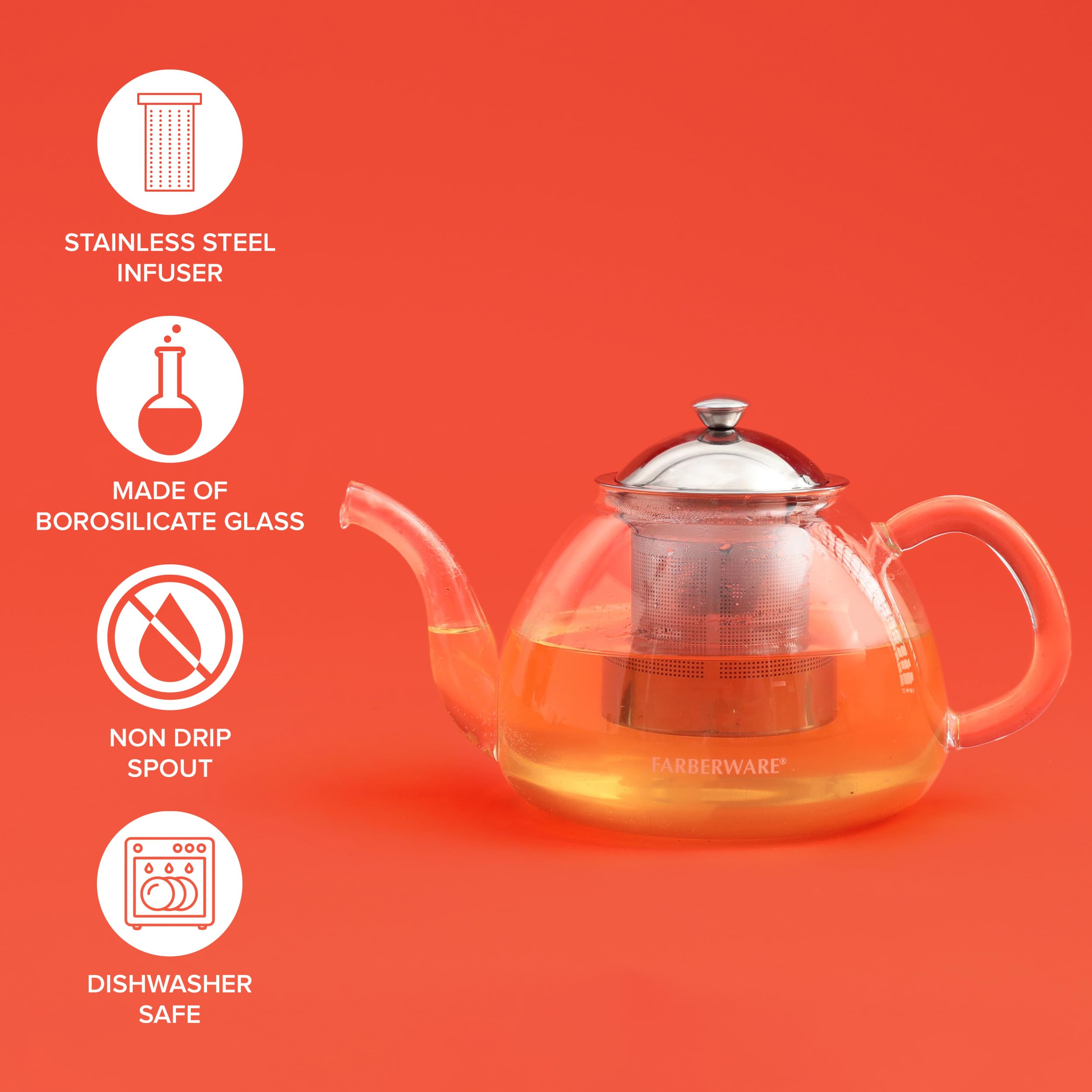 Farberware Teiera in vetro, infusore per tè sfusi in fiore, vetro borosilicato, beccuccio antigoccia, infusore in acciaio inossidabile, capacità 5 tazze
